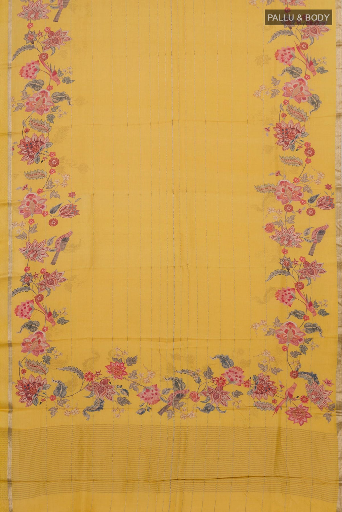 Flat view of Yellow Tussar Silk Saree with Fancy on the body and Thin Zari Line. 