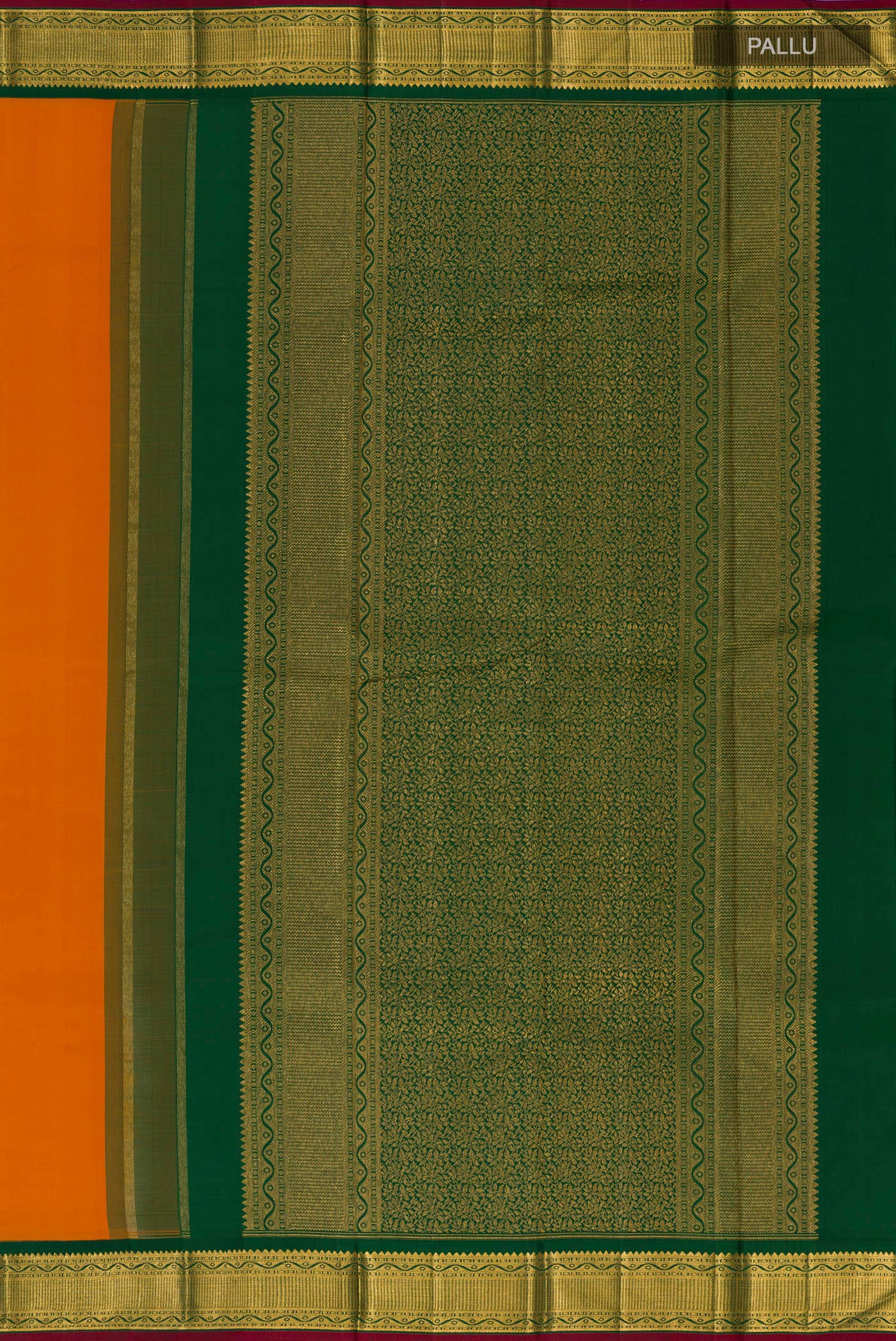 Close up image of the pallu of Pure Silk Pure Zari Orange Kanchipuram Saree with Plain Body and Zari Border. 