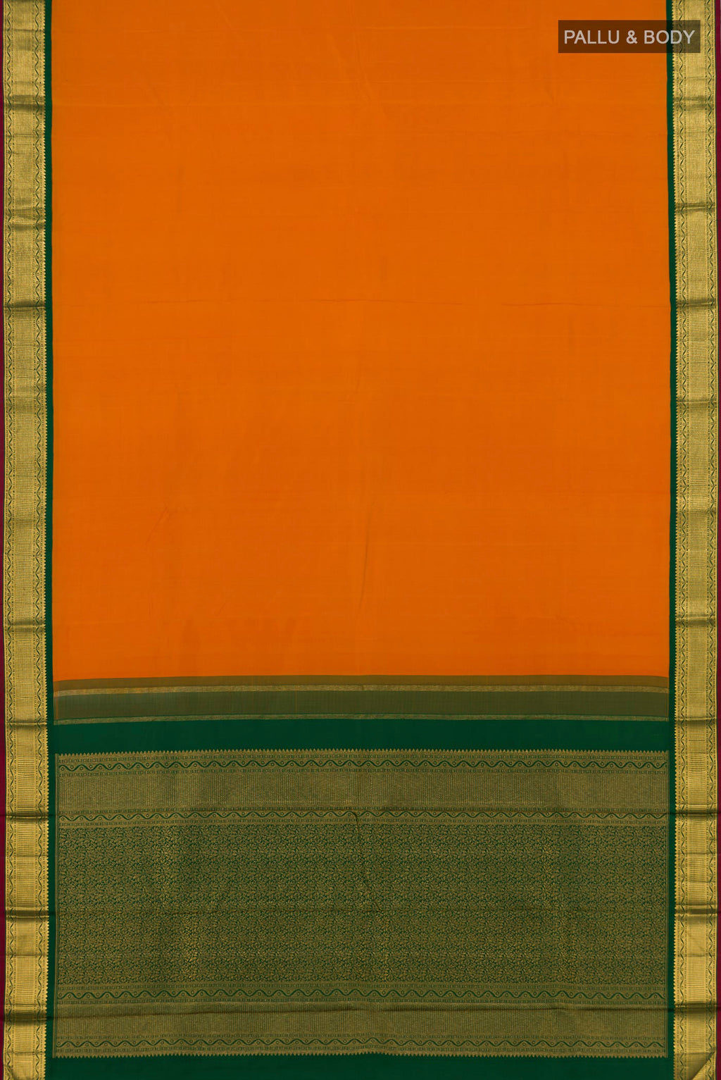 Flat view of Pure Silk Pure Zari Orange Kanchipuram Saree with Plain Body and Zari Border. 