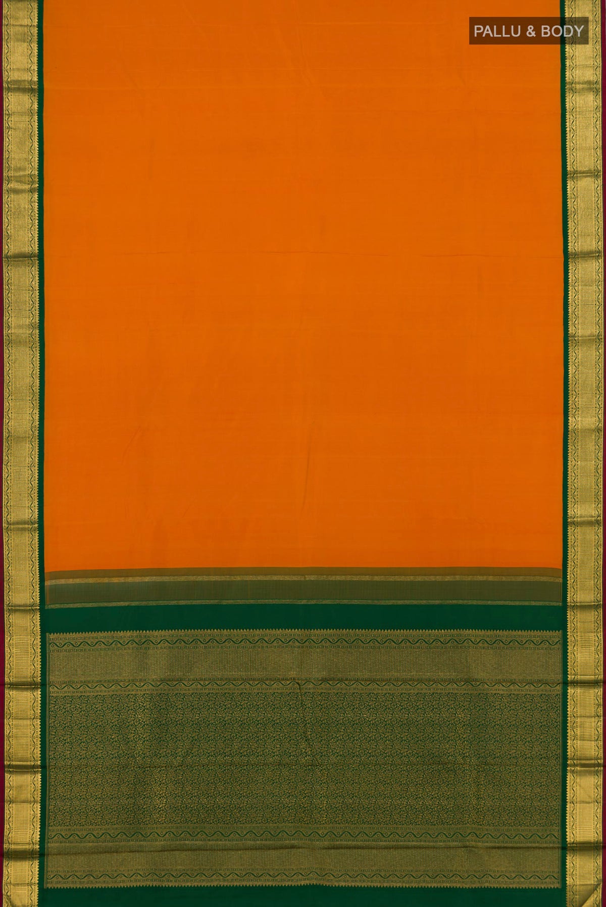 Flat view of Pure Silk Pure Zari Orange Kanchipuram Saree with Plain Body and Zari Border. 