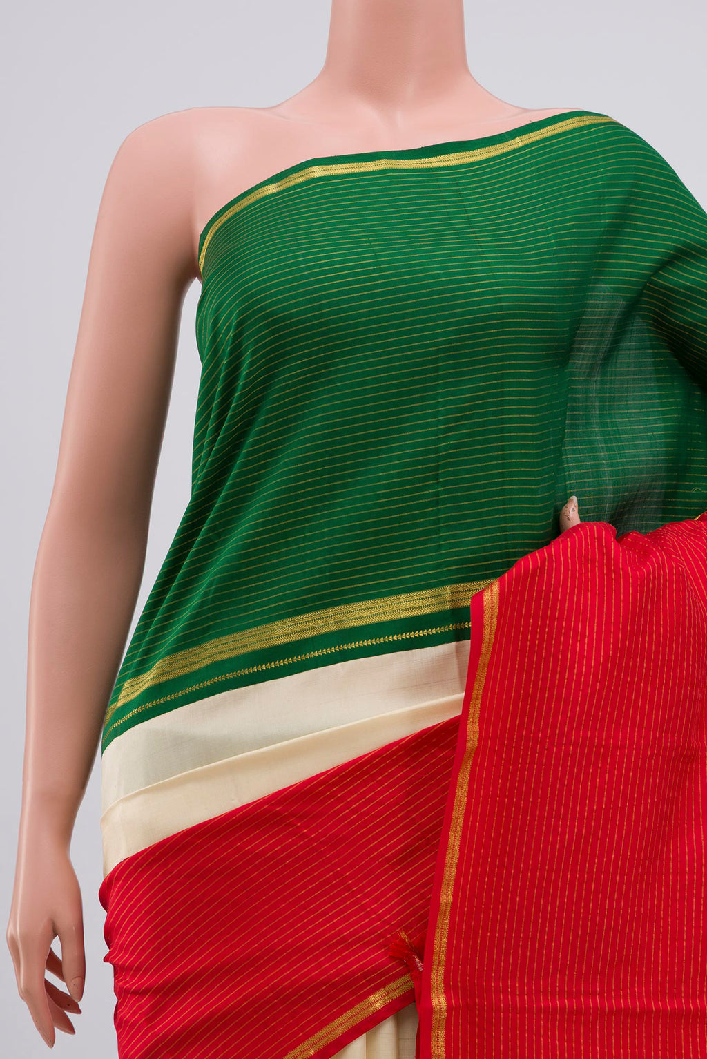 Border image of Multi Color Kanjivaram Silk Saree with Zari Butta on the body and Ganga Jamuna Border. 