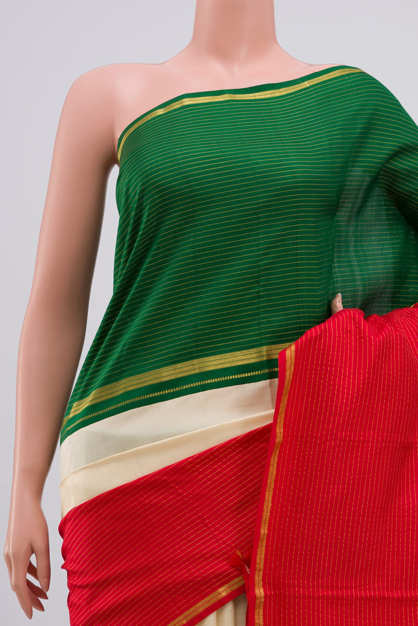 Border image of Multi Color Kanjivaram Silk Saree with Zari Butta on the body and Ganga Jamuna Border. 