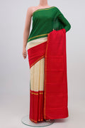 Multi Color Kanjivaram Silk Saree with Zari Butta on the body and Ganga Jamuna Border.  displayed on a mannequin
