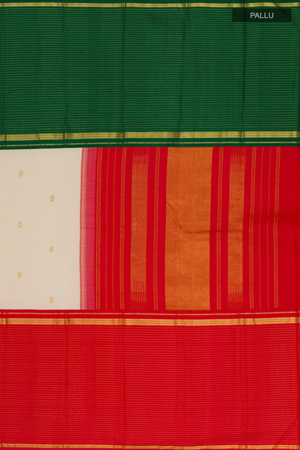 Close up image of the pallu of Multi Color Kanjivaram Silk Saree with Zari Butta on the body and Ganga Jamuna Border. 