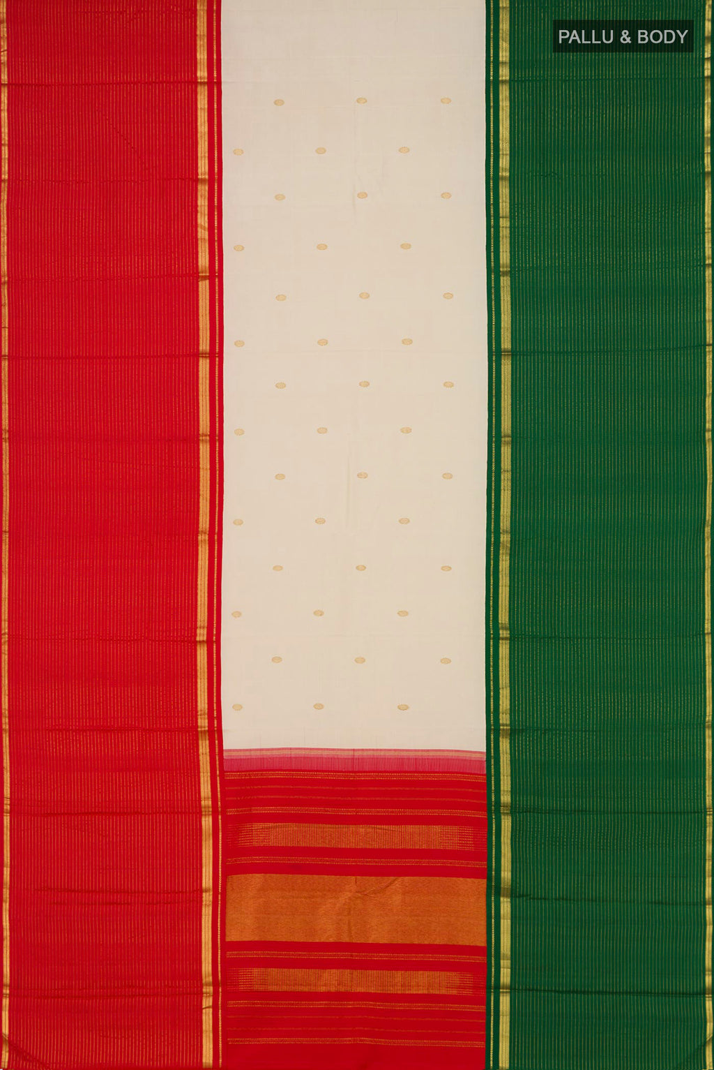 Flat view of Multi Color Kanjivaram Silk Saree with Zari Butta on the body and Ganga Jamuna Border. 