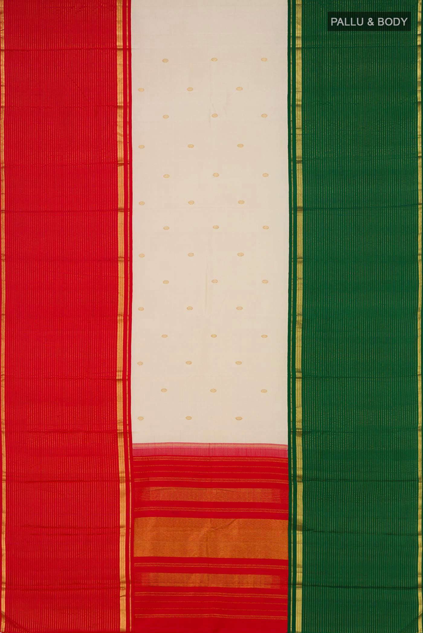 Flat view of Multi Color Kanjivaram Silk Saree with Zari Butta on the body and Ganga Jamuna Border. 