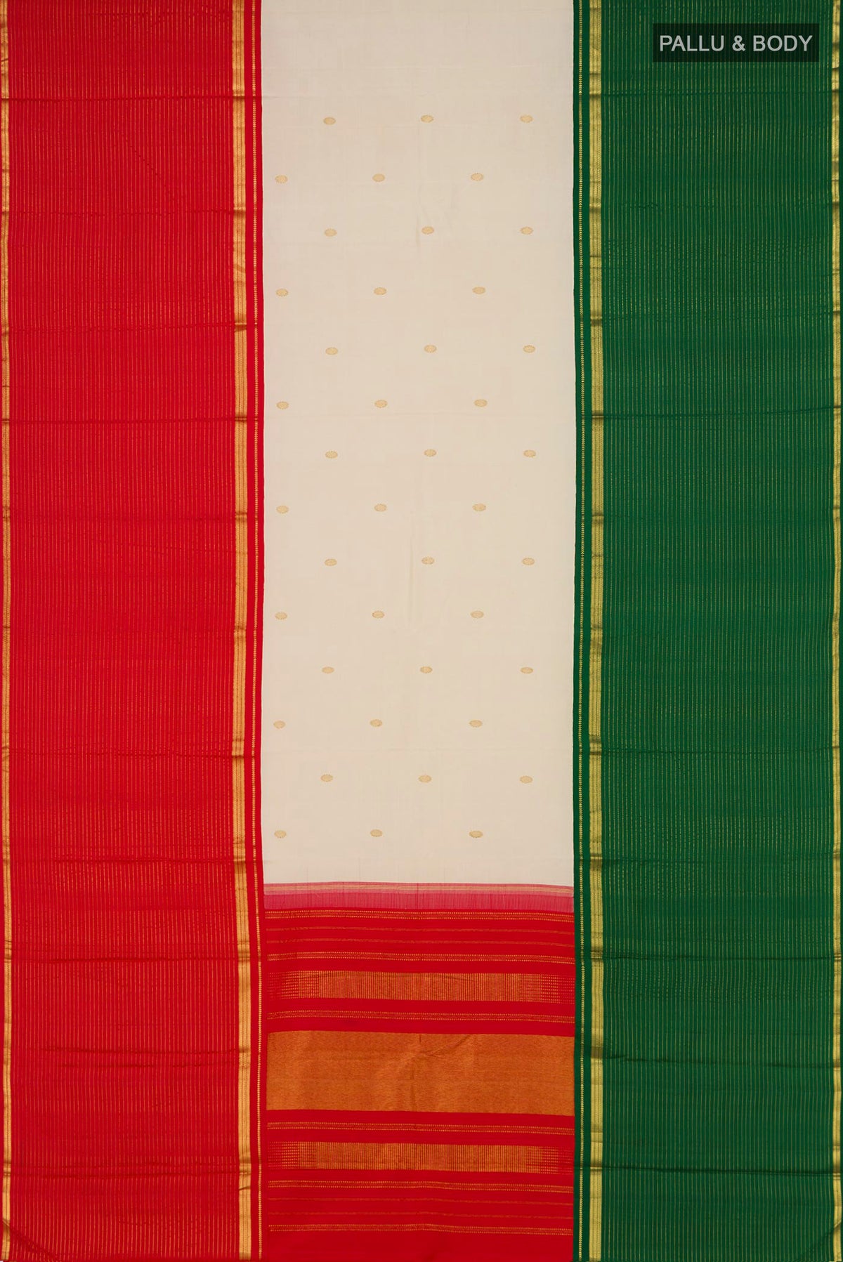 Flat view of Multi Color Kanjivaram Silk Saree with Zari Butta on the body and Ganga Jamuna Border. 
