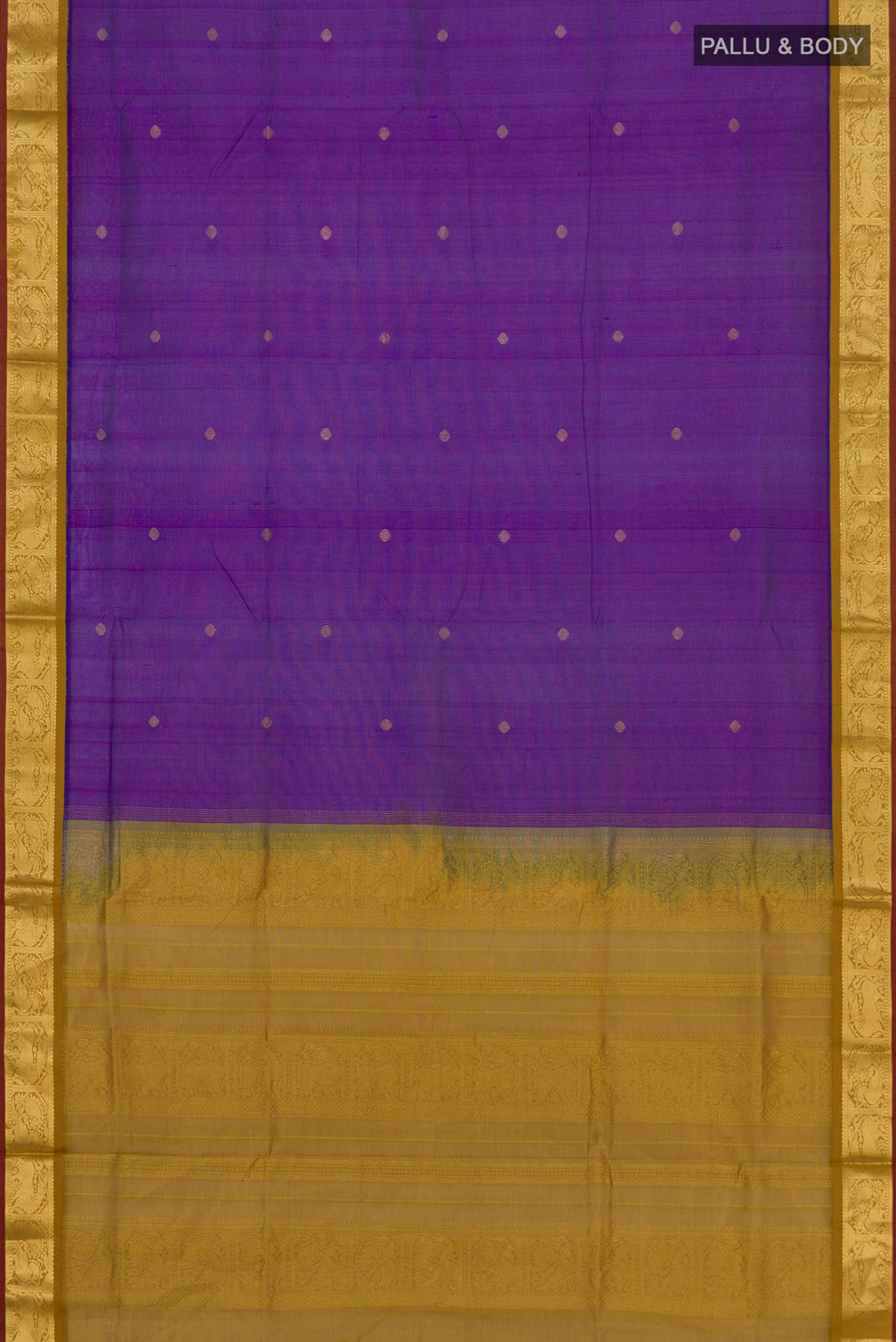Flat view of Purple Silk Cotton Saree with Zari Butta on the body and Zari Border. 