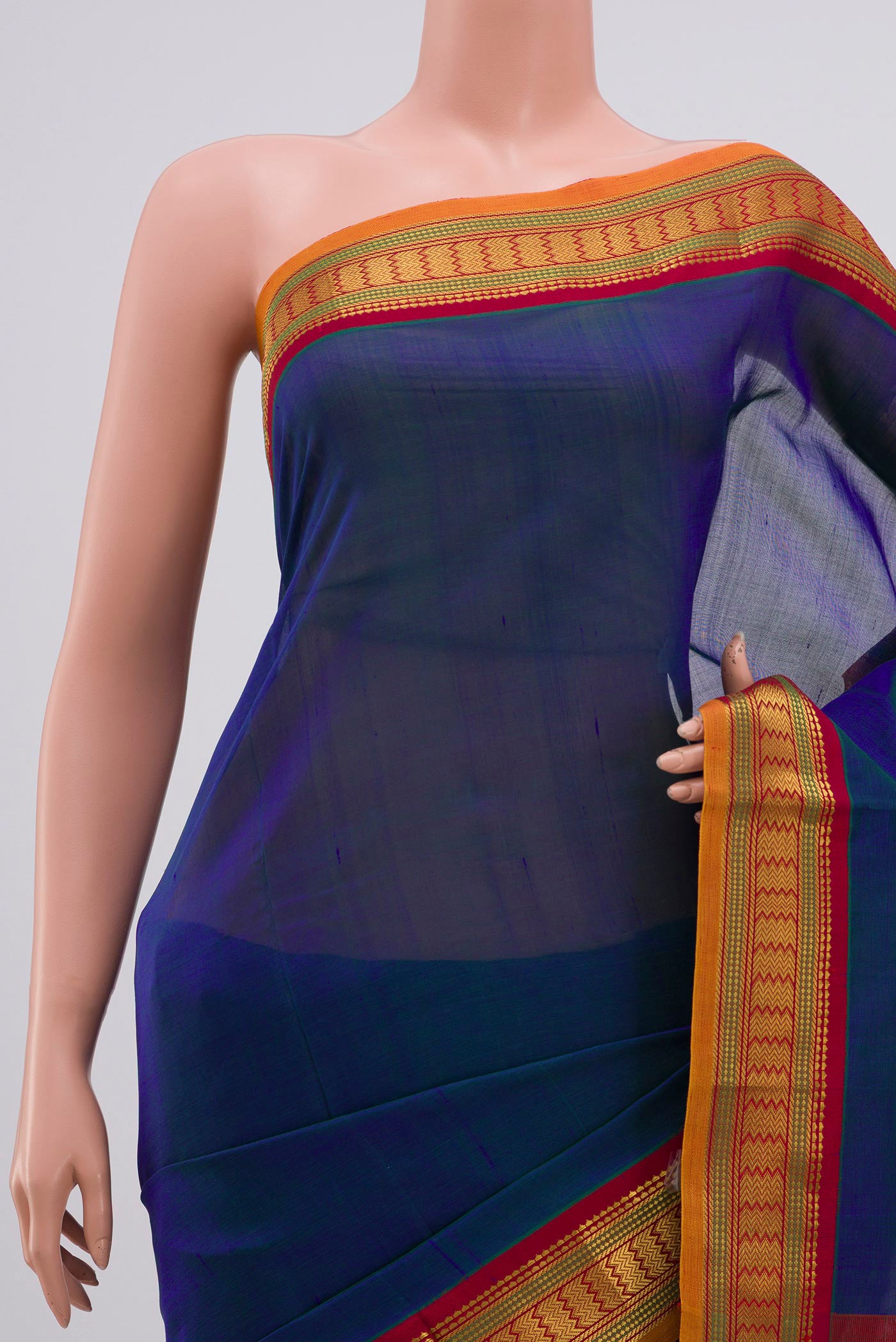 Border image of Peacock Blue Silk Cotton Saree with Plain Body and Zari Border. 