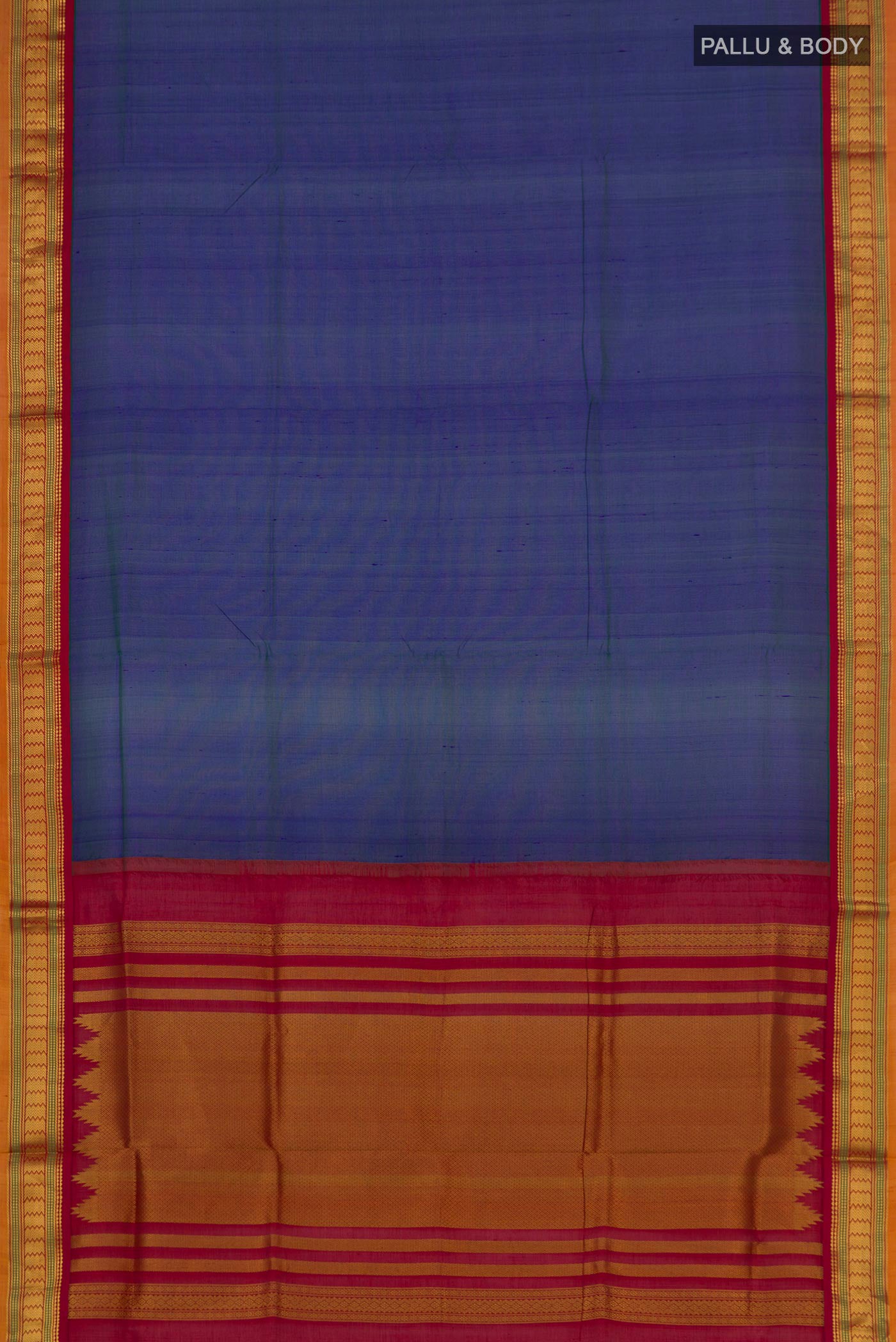 Flat view of Peacock Blue Silk Cotton Saree with Plain Body and Zari Border. 