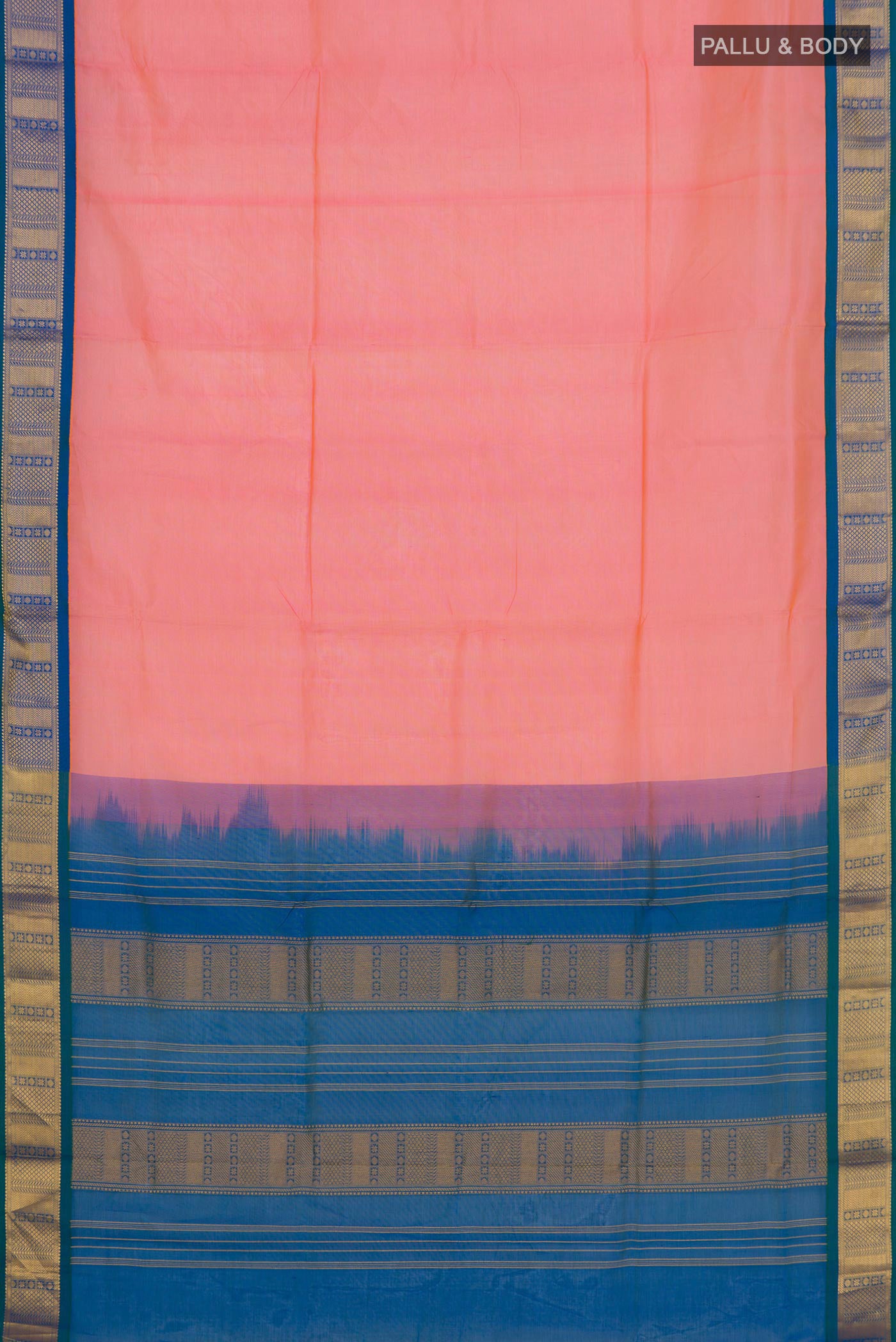 Flat view of Peach Silk Cotton Saree with Plain Body and Zari Border. 