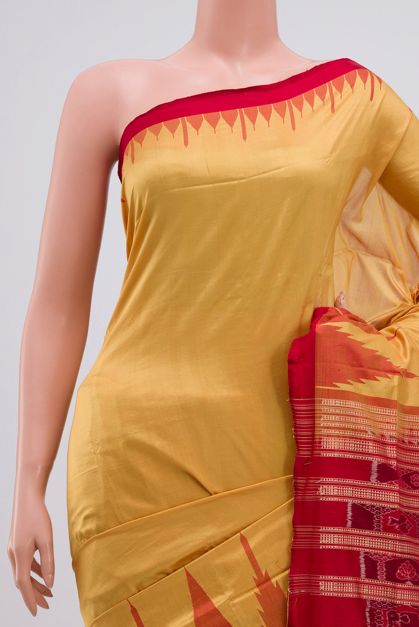 Border image of Mustard Orissa Silk Saree with Plain Body and Temple Border. 