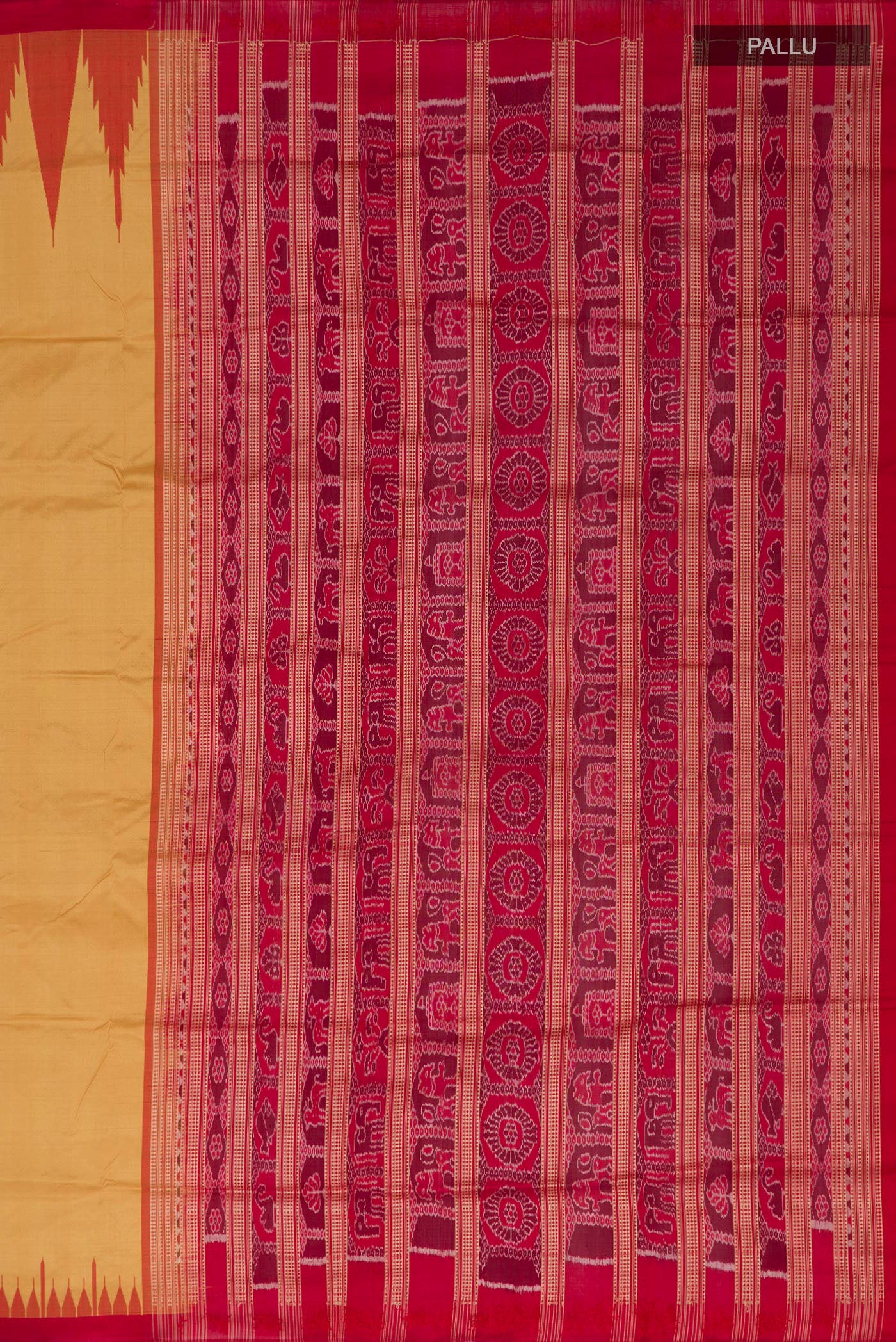Close up image of the pallu of Mustard Orissa Silk Saree with Plain Body and Temple Border. 