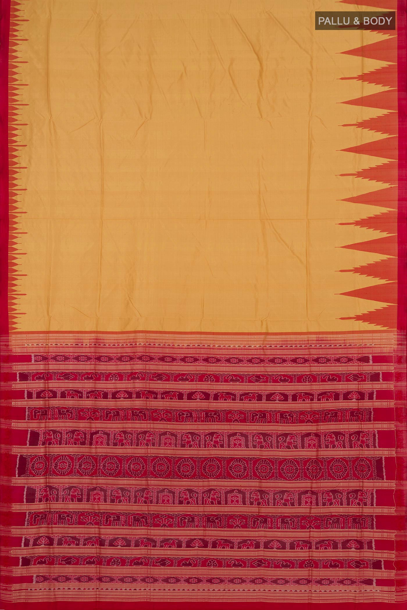 Flat view of Mustard Orissa Silk Saree with Plain Body and Temple Border. 