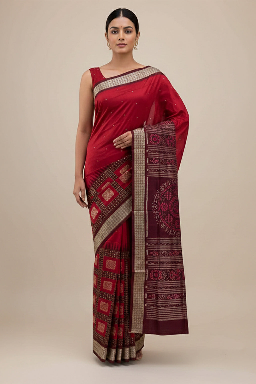 Model wearing a Maroon Orissa Silk Saree with Thread Butta on the body and Thread Border