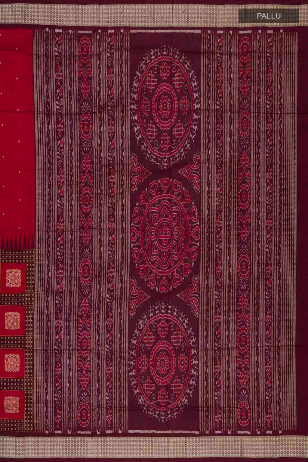 Close up image of the pallu of Maroon Orissa Silk Saree with Thread Butta on the body and Thread Border