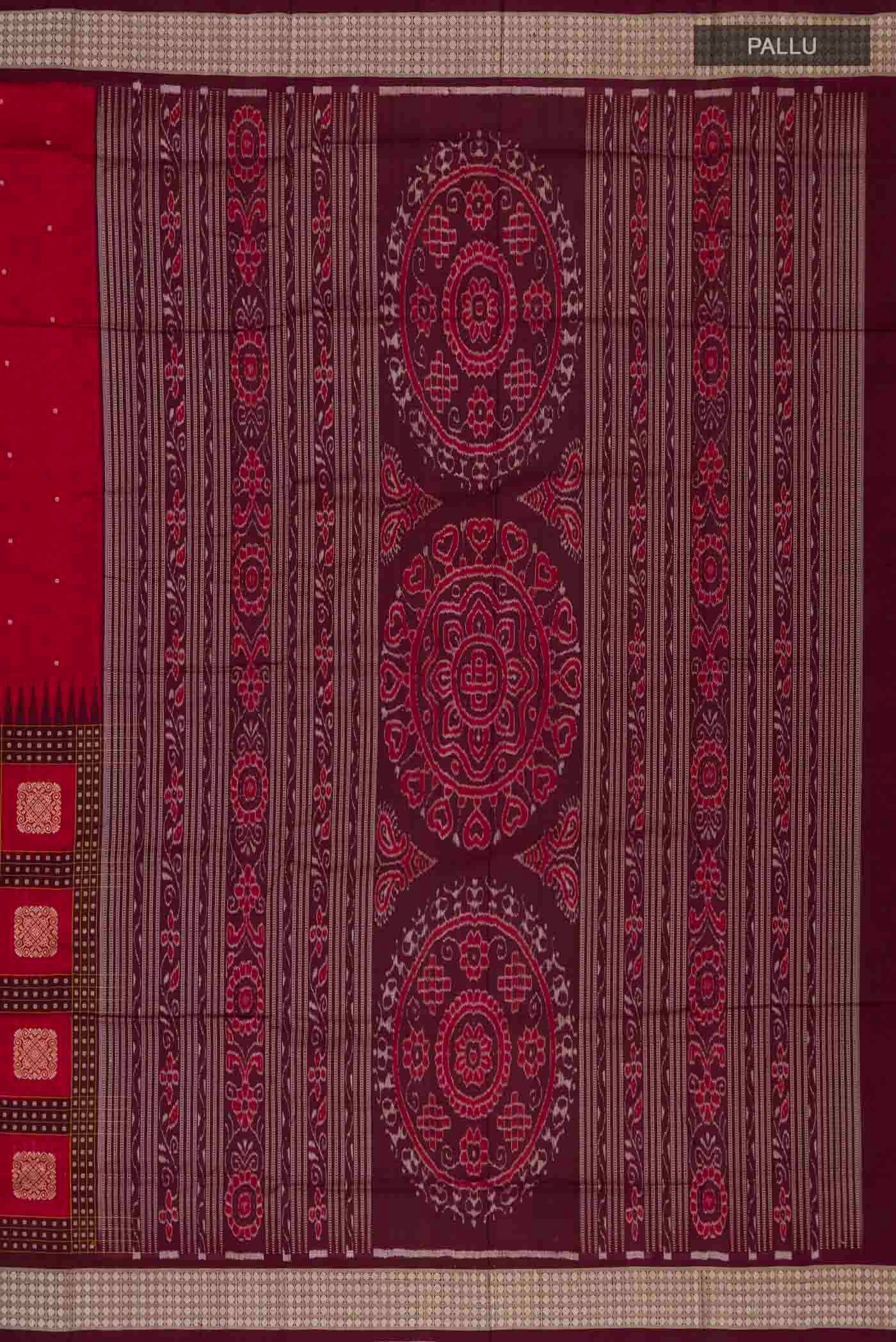 Close up image of the pallu of Maroon Orissa Silk Saree with Thread Butta on the body and Thread Border