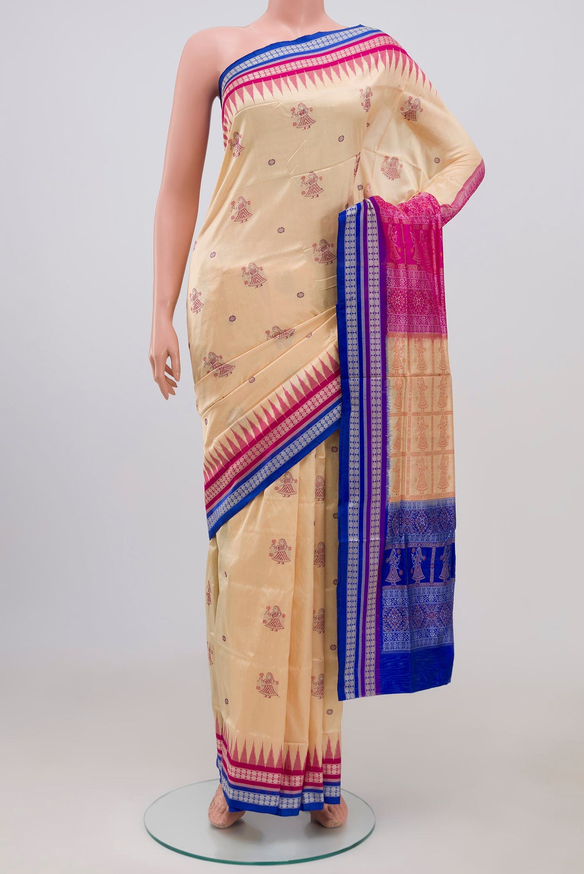 Beige Orissa Silk Saree with Thread Butta on the body and Thread Border.  displayed on a mannequin