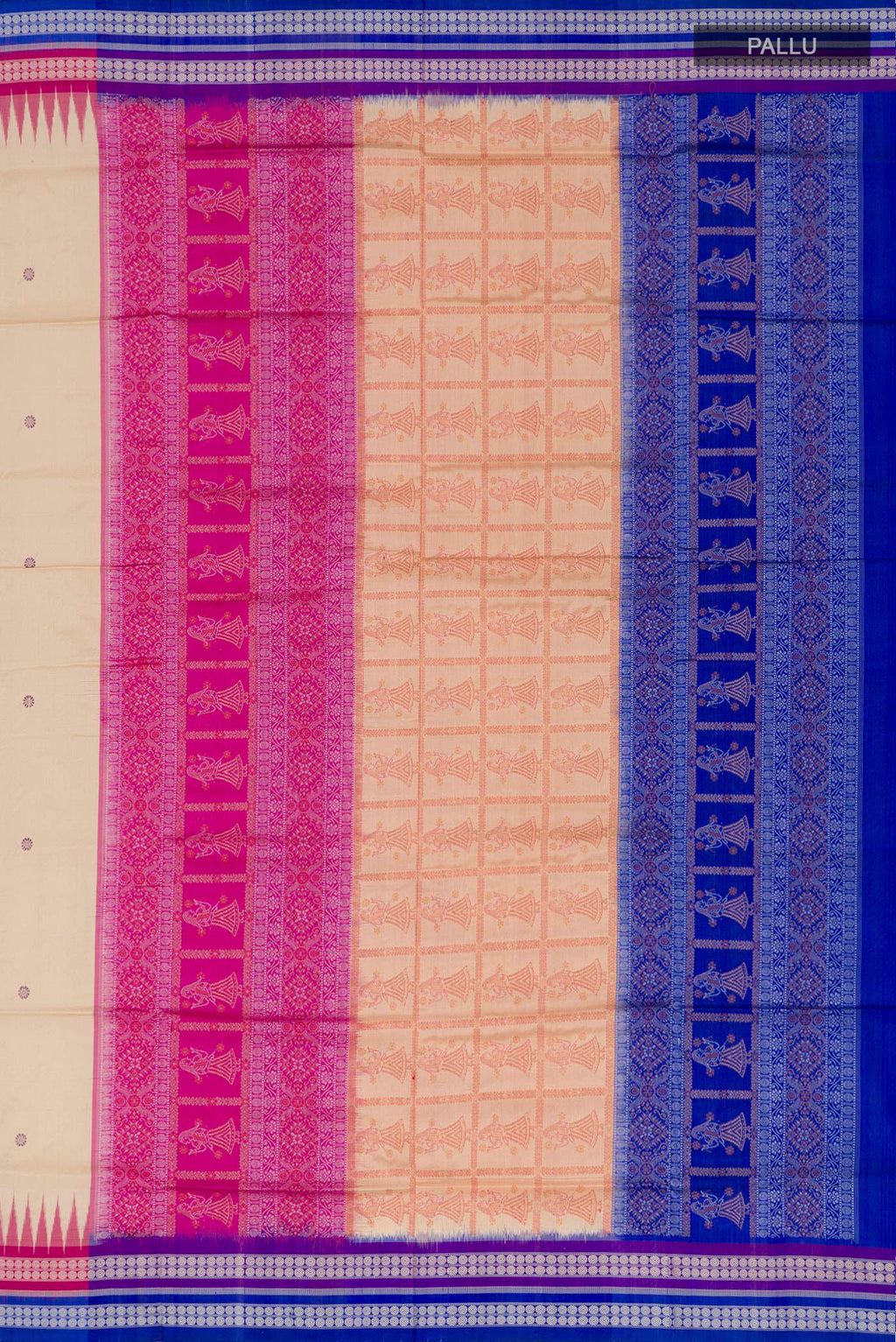 Close up image of the pallu of Beige Orissa Silk Saree with Thread Butta on the body and Thread Border. 
