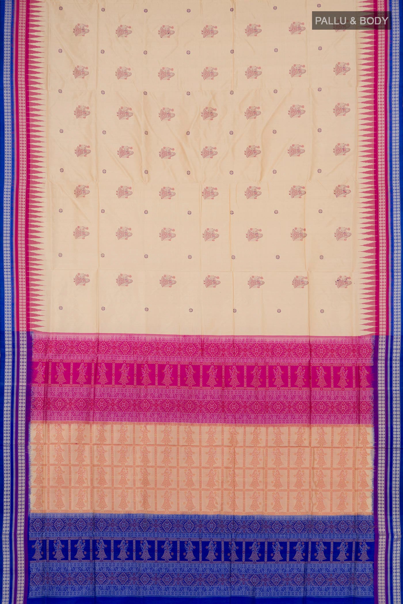 Flat view of Beige Orissa Silk Saree with Thread Butta on the body and Thread Border. 