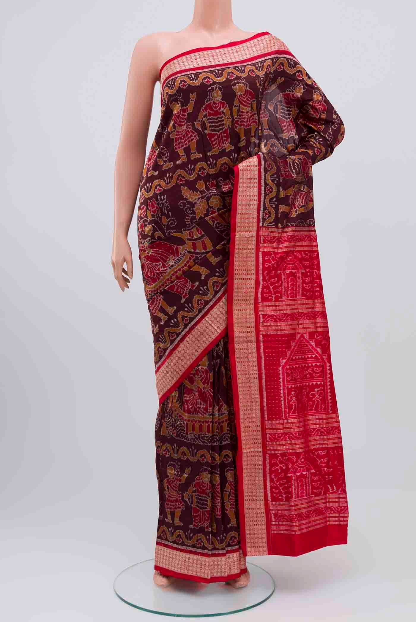 Coffee Brown Orissa Silk Saree with Pure Ikat on the body and Thread Border displayed on a mannequin