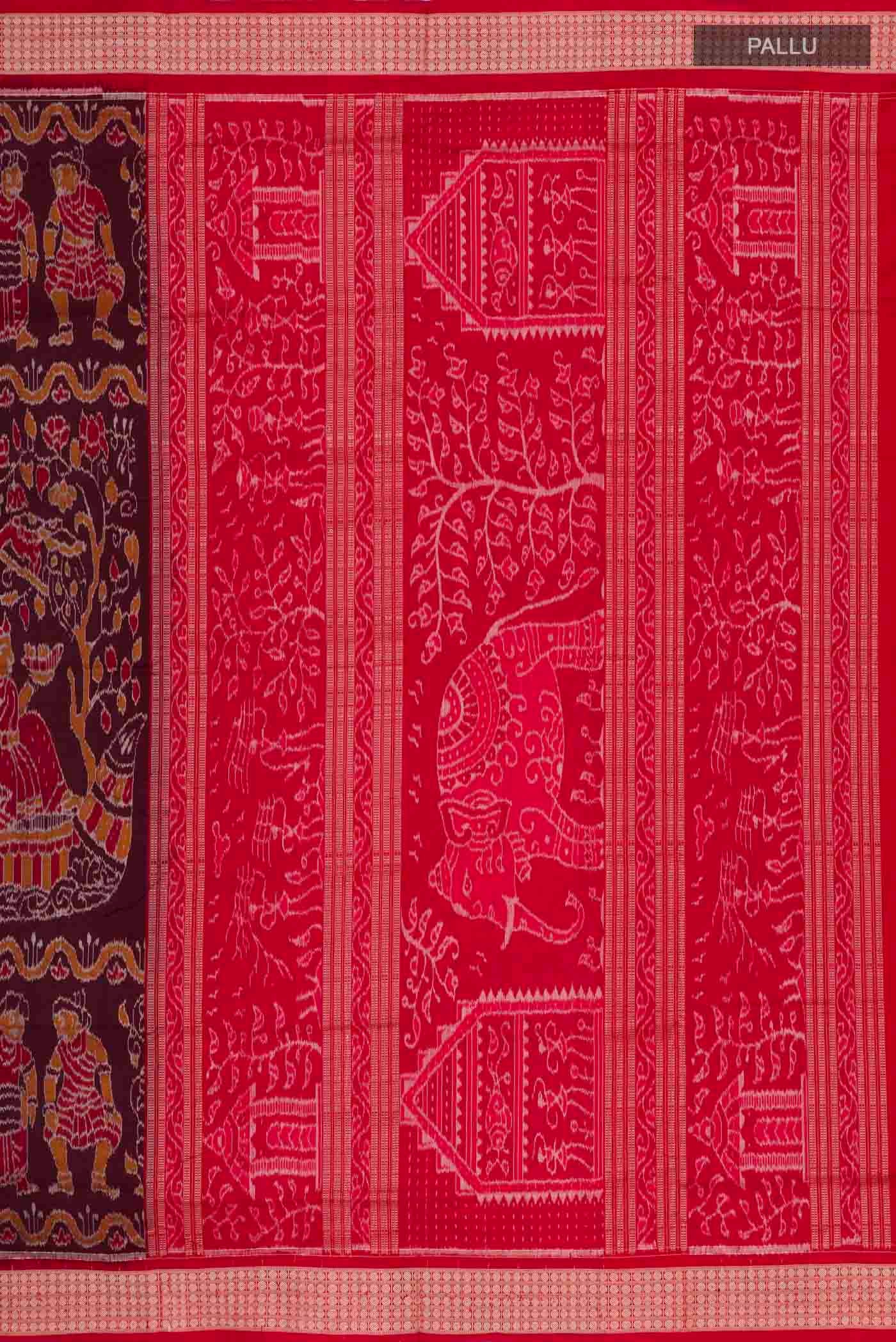 Close up image of the pallu of Coffee Brown Orissa Silk Saree with Pure Ikat on the body and Thread Border