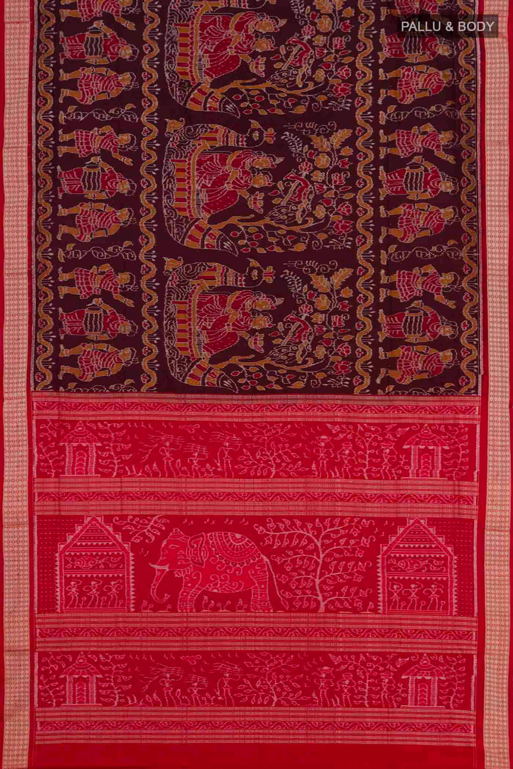 Flat view of Coffee Brown Orissa Silk Saree with Pure Ikat on the body and Thread Border