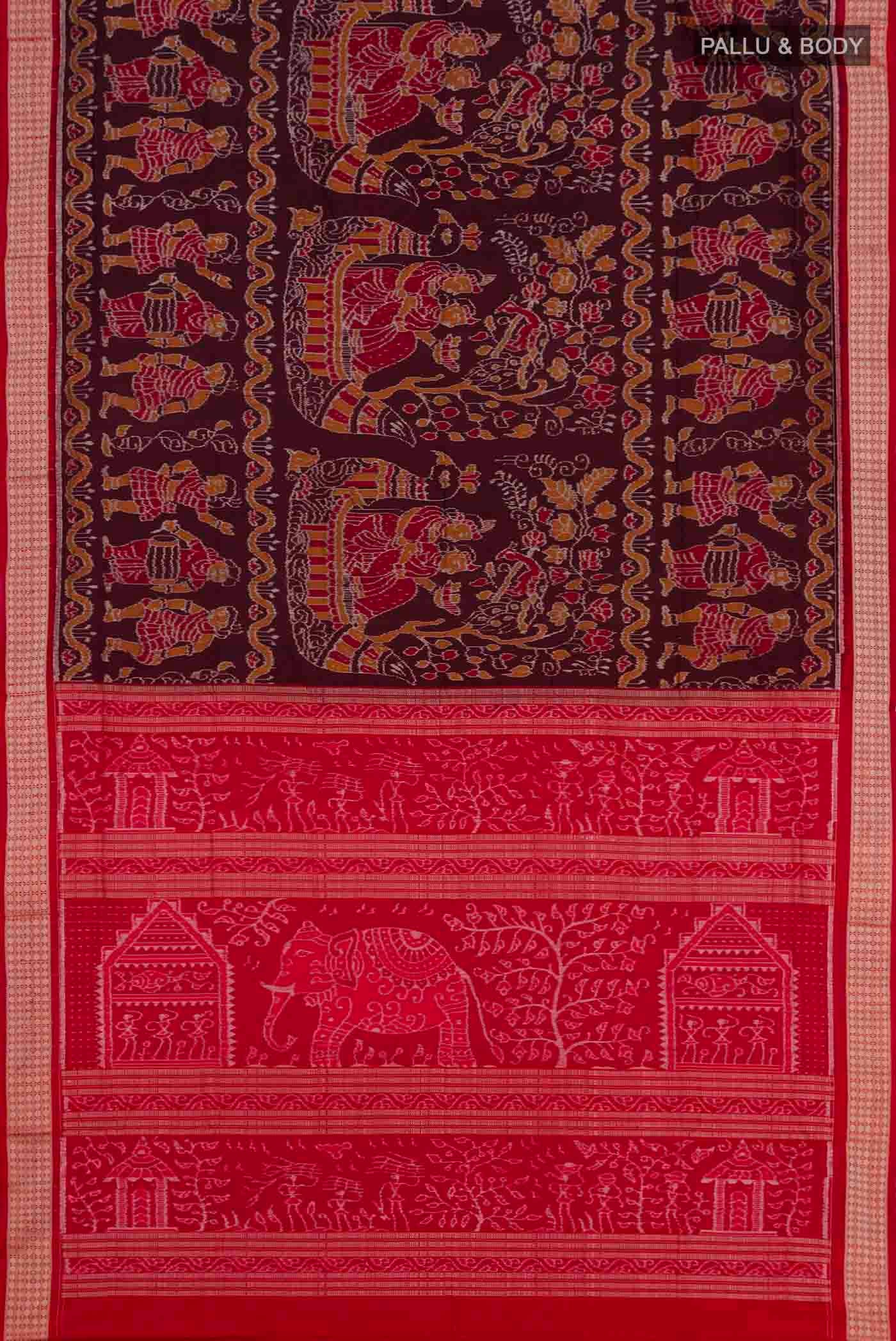 Flat view of Coffee Brown Orissa Silk Saree with Pure Ikat on the body and Thread Border