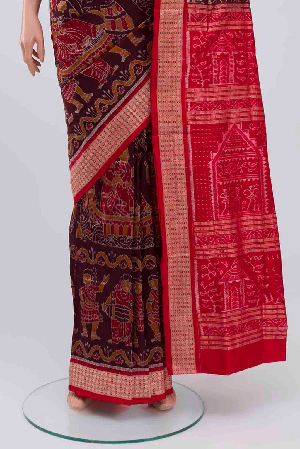 Pleats and pallu of Coffee Brown Orissa Silk Saree with Pure Ikat on the body and Thread Border