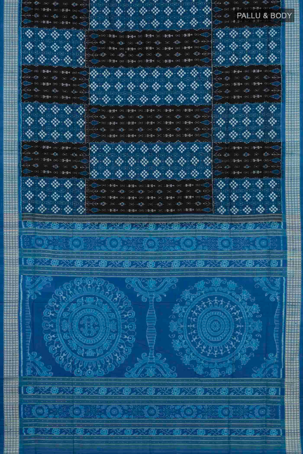 Flat view of Multi Color Orissa Silk Saree with Ikat design on the body and Thread Border