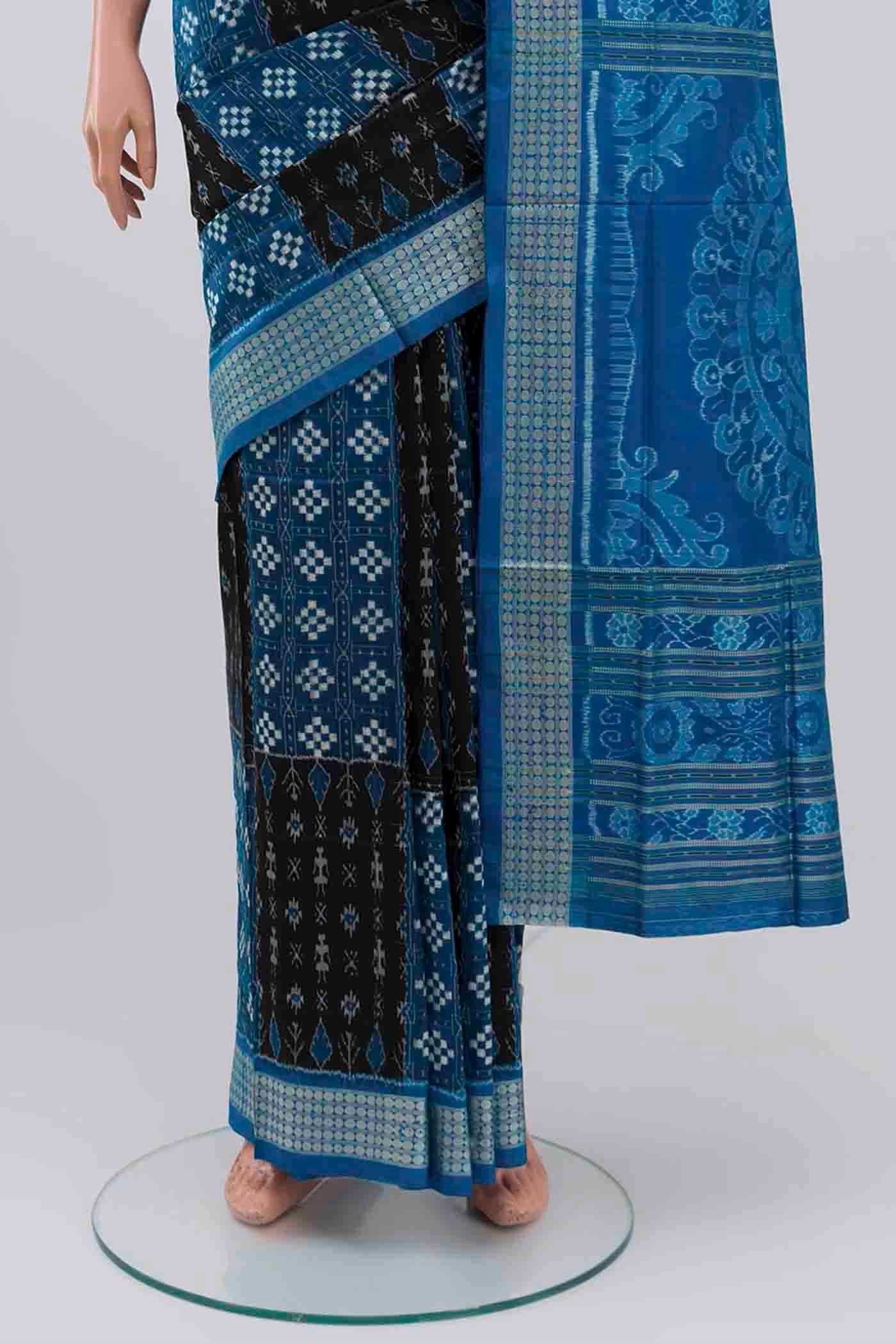 Pleats and pallu of Multi Color Orissa Silk Saree with Ikat design on the body and Thread Border