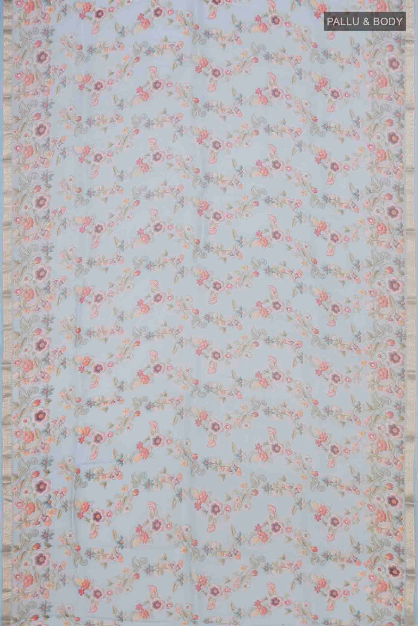 Flat view of Sky Blue Organza Silk Saree with Floral Print on the body and Zari Border