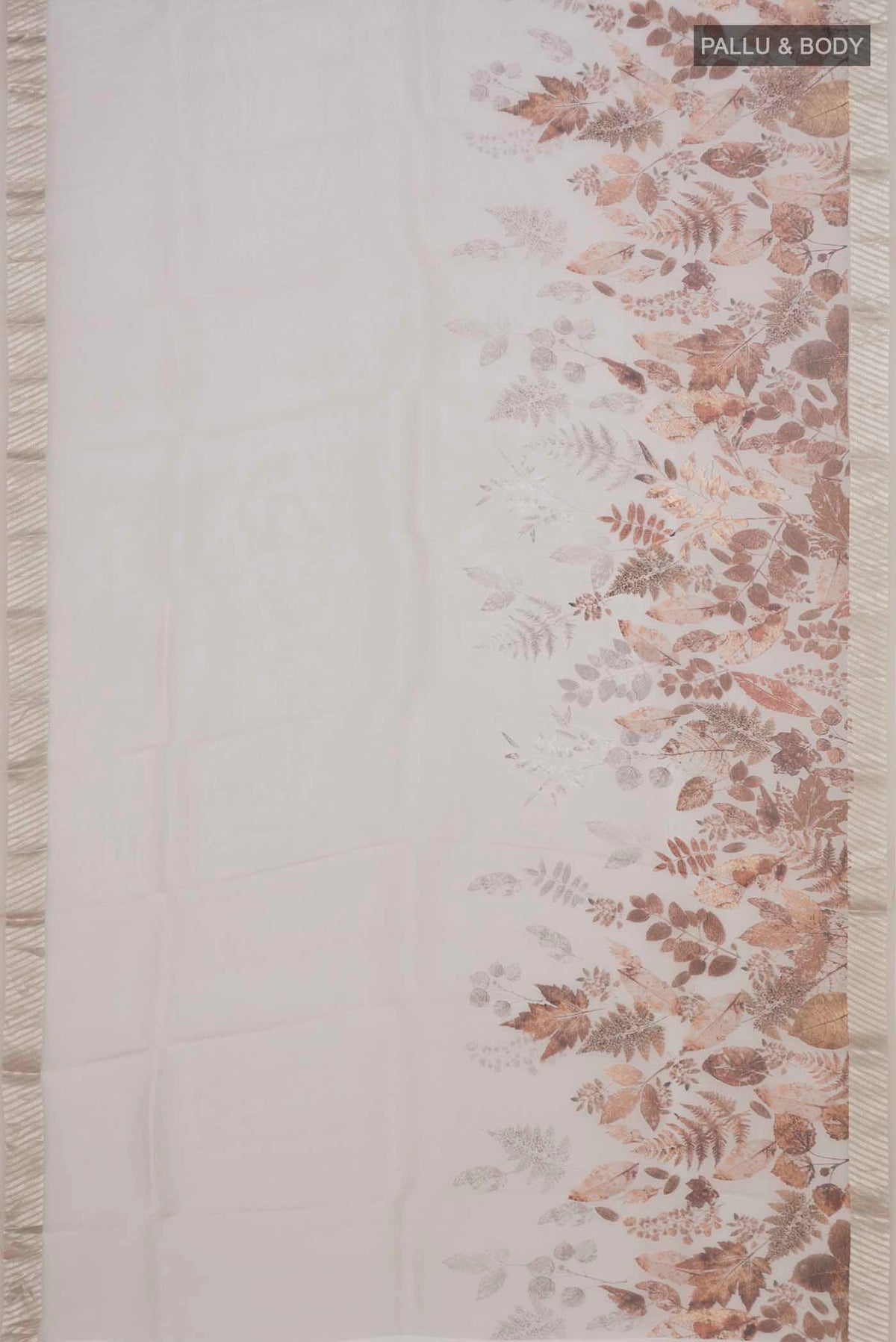 Flat view of Grey Organza Silk Saree with Floral Print on the body and Zari Border