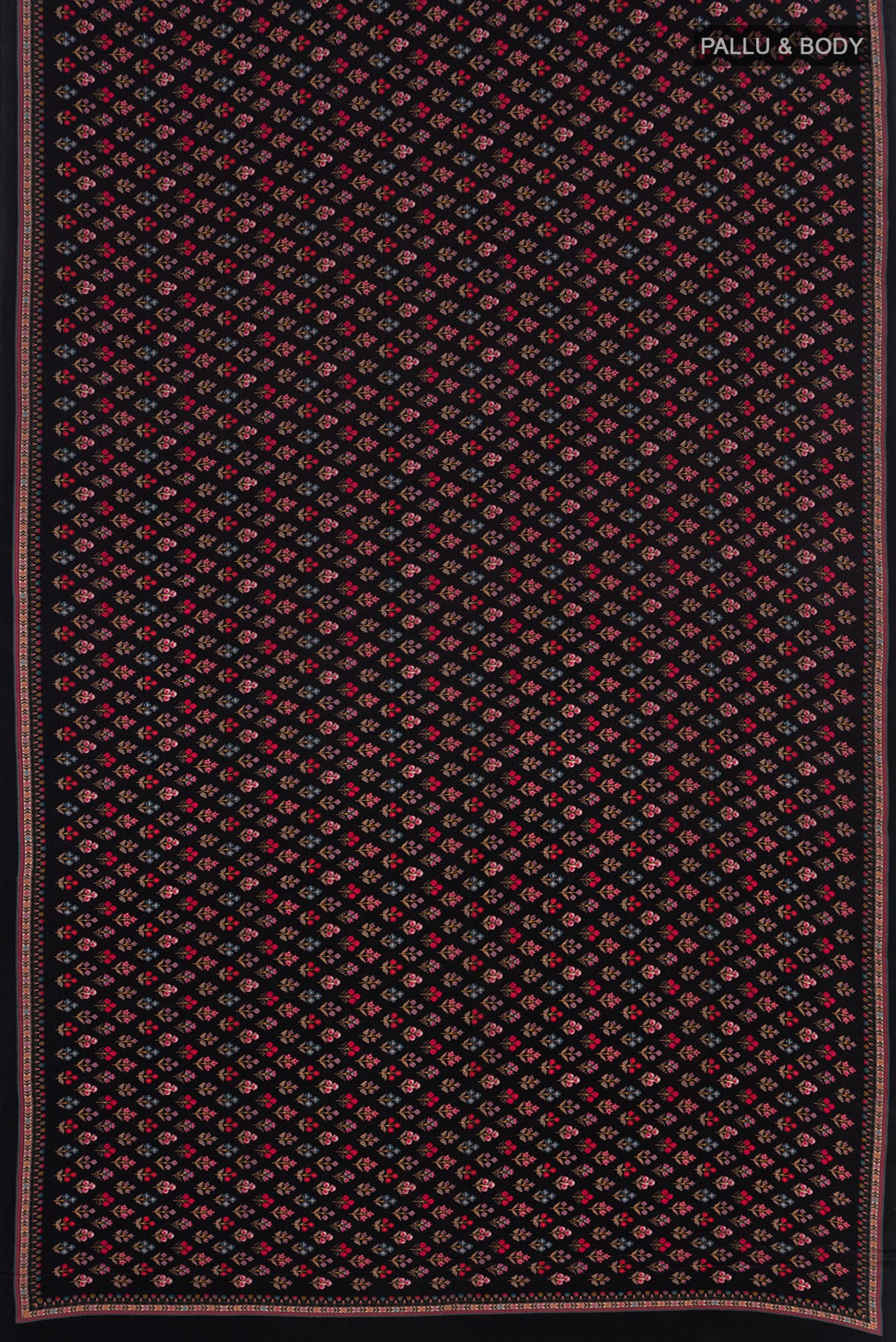 Flat view of Black Crepe Saree with Printed design on the body and Plain Border. 