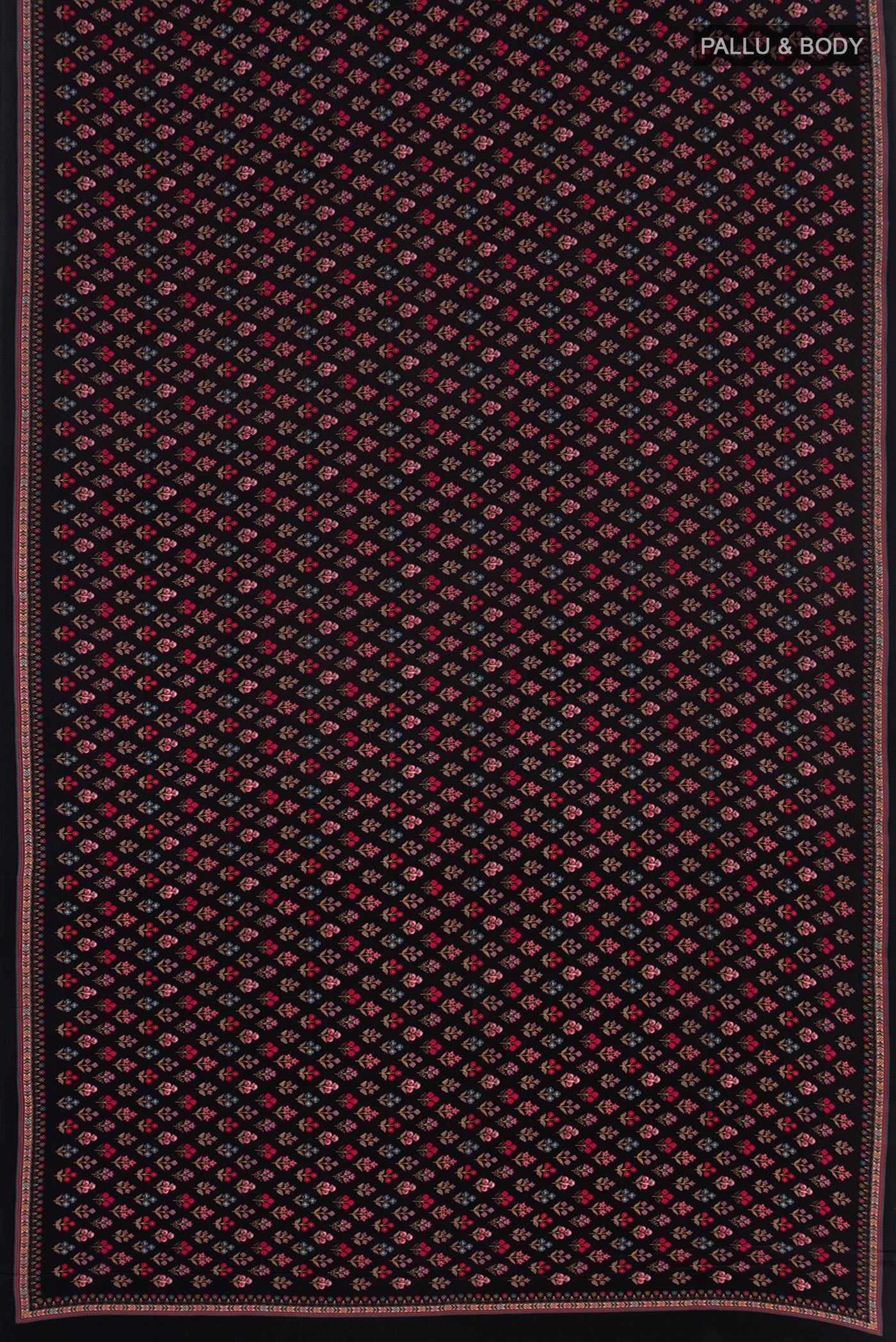 Flat view of Black Crepe Saree with Printed design on the body and Plain Border. 