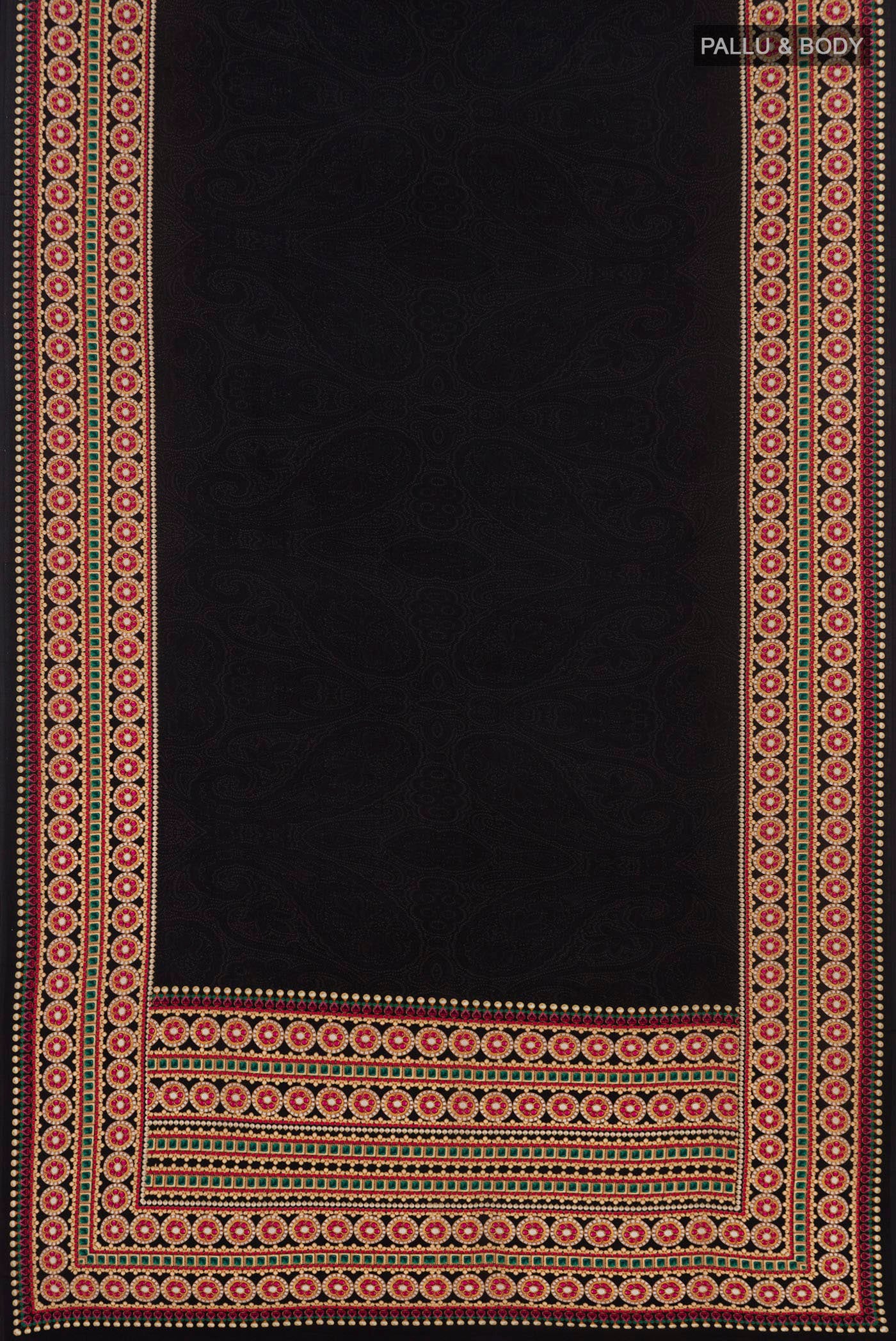 Flat view of Black Mysore Crepe Saree with Floral Print on the body and Without Border. 