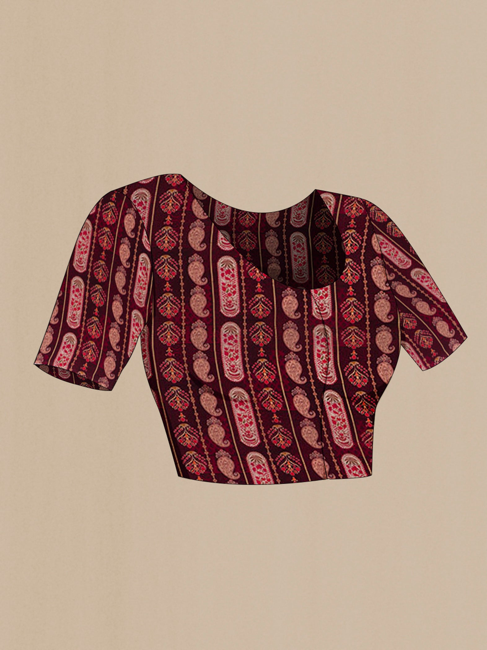 Close up image of the blouse of Deep Red Mysore Crepe Saree with Floral Print on the body and Printed Border. 