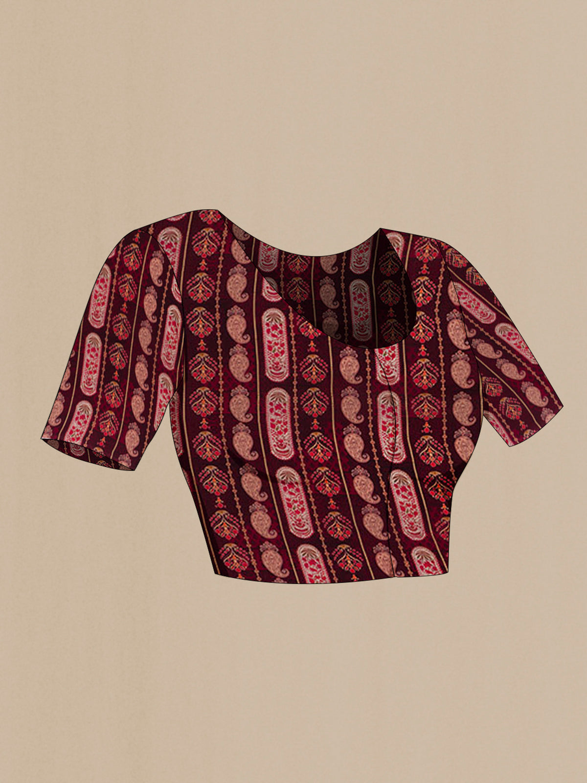 Close up image of the blouse of Deep Red Mysore Crepe Saree with Floral Print on the body and Printed Border. 