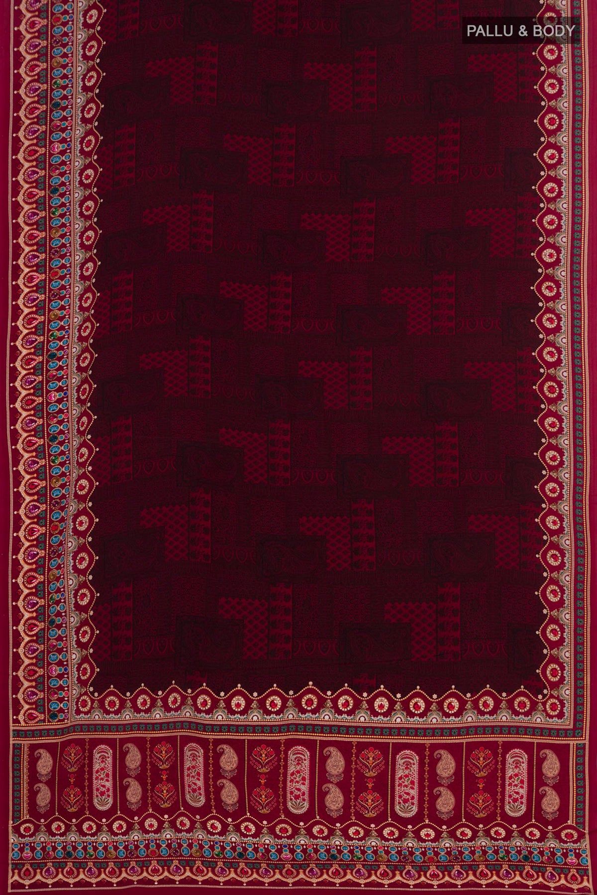 Flat view of Deep Red Mysore Crepe Saree with Floral Print on the body and Printed Border. 