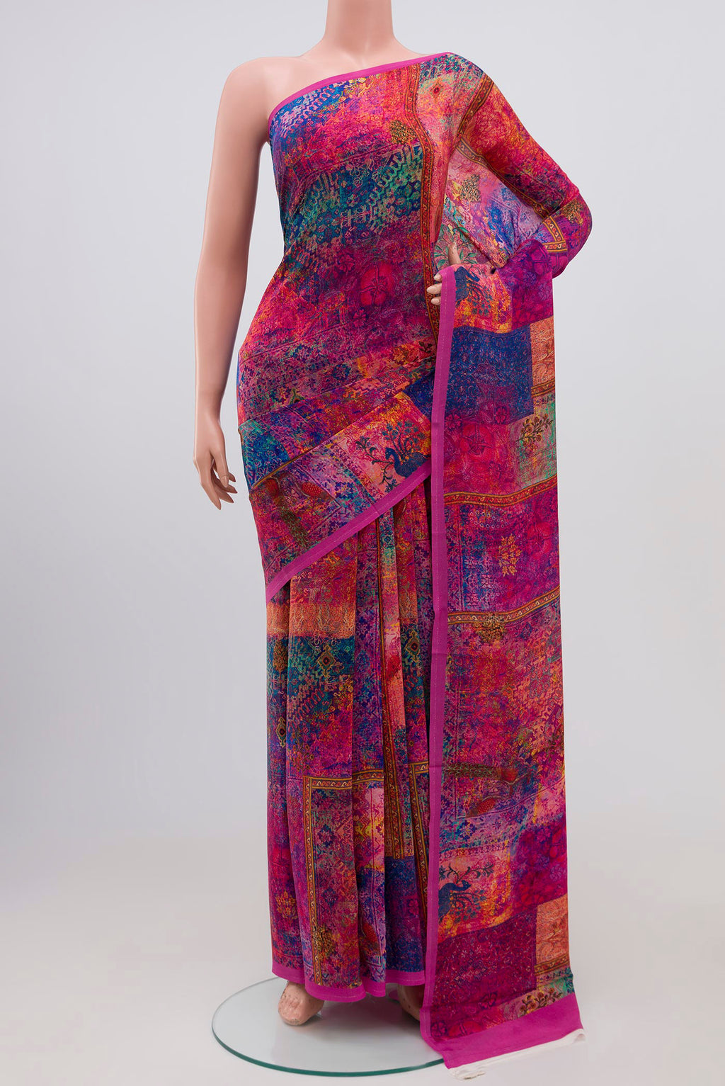 Dark Pink Mysore Crepe Saree with Floral Print on the body and Printed Border.  displayed on a mannequin
