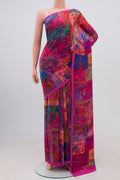 Dark Pink Mysore Crepe Saree with Floral Print on the body and Printed Border.  displayed on a mannequin