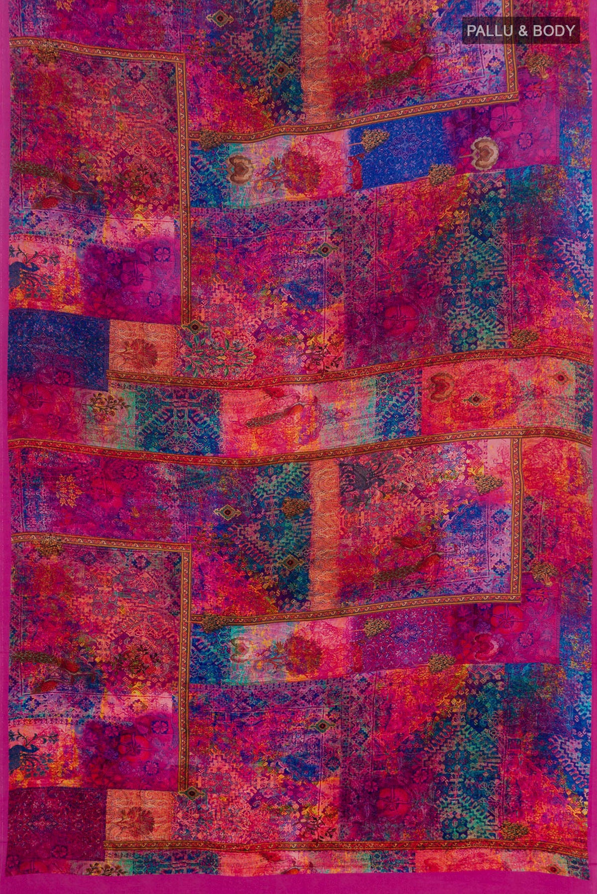 Flat view of Dark Pink Mysore Crepe Saree with Floral Print on the body and Printed Border. 