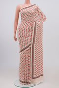 Beige Mysore Crepe Saree with Floral Print on the body and Printed Border.  displayed on a mannequin