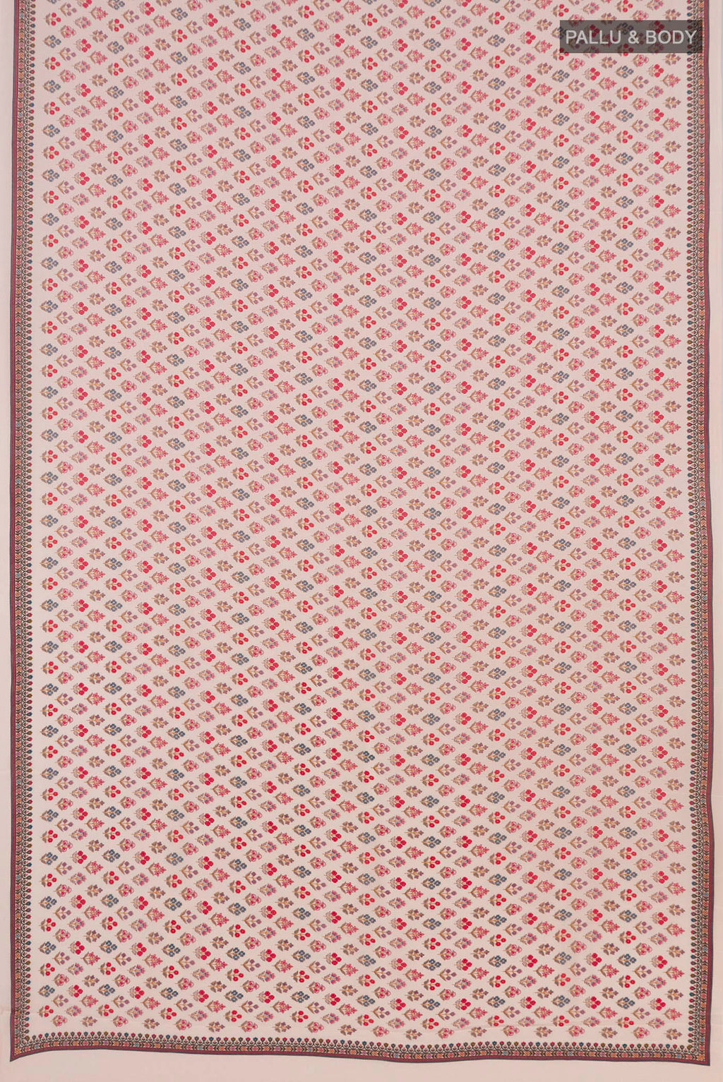Flat view of Beige Mysore Crepe Saree with Floral Print on the body and Printed Border. 
