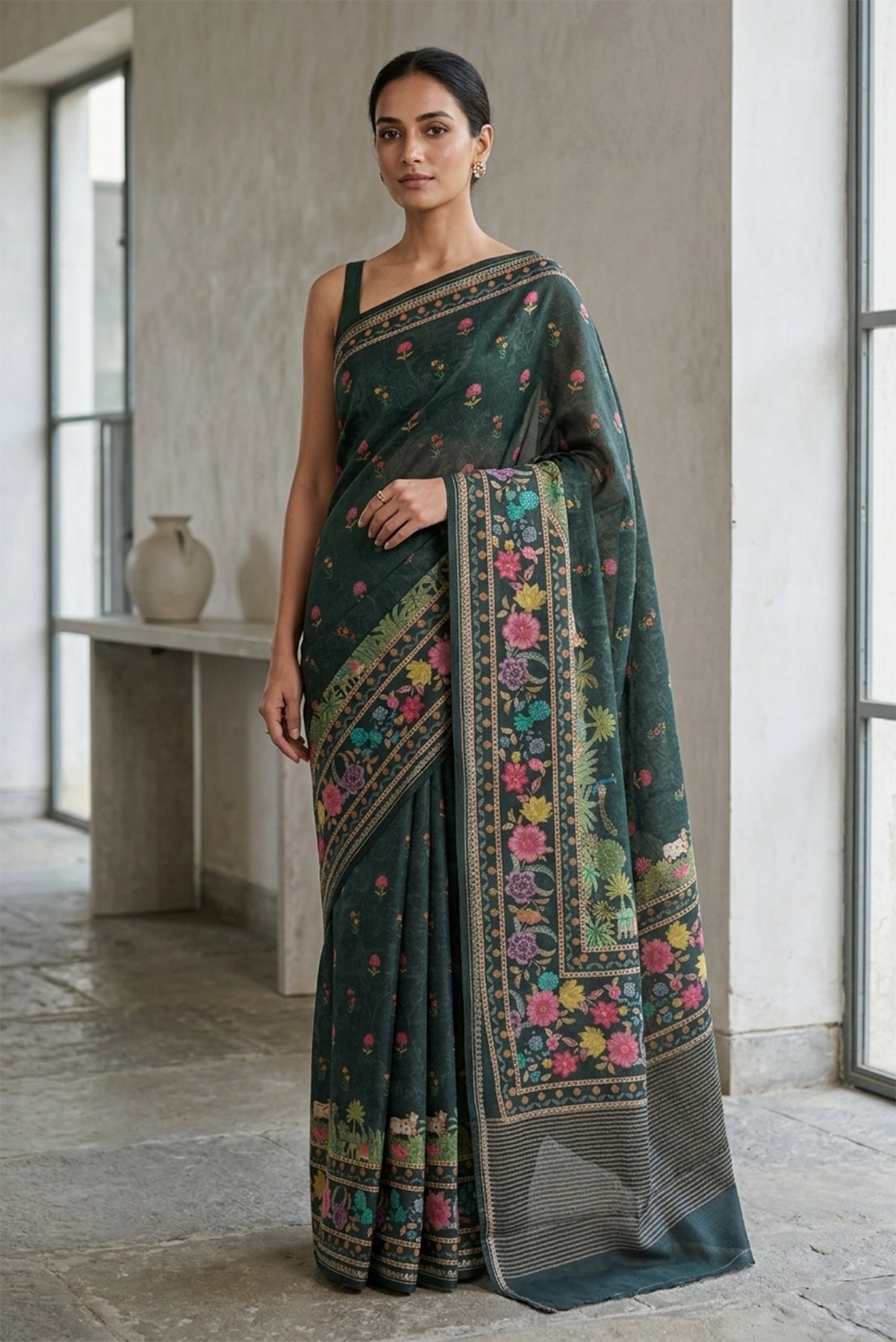 Model wearing a Davys Grey Tussar Silk Saree with Printed design on the body and Printed Border.