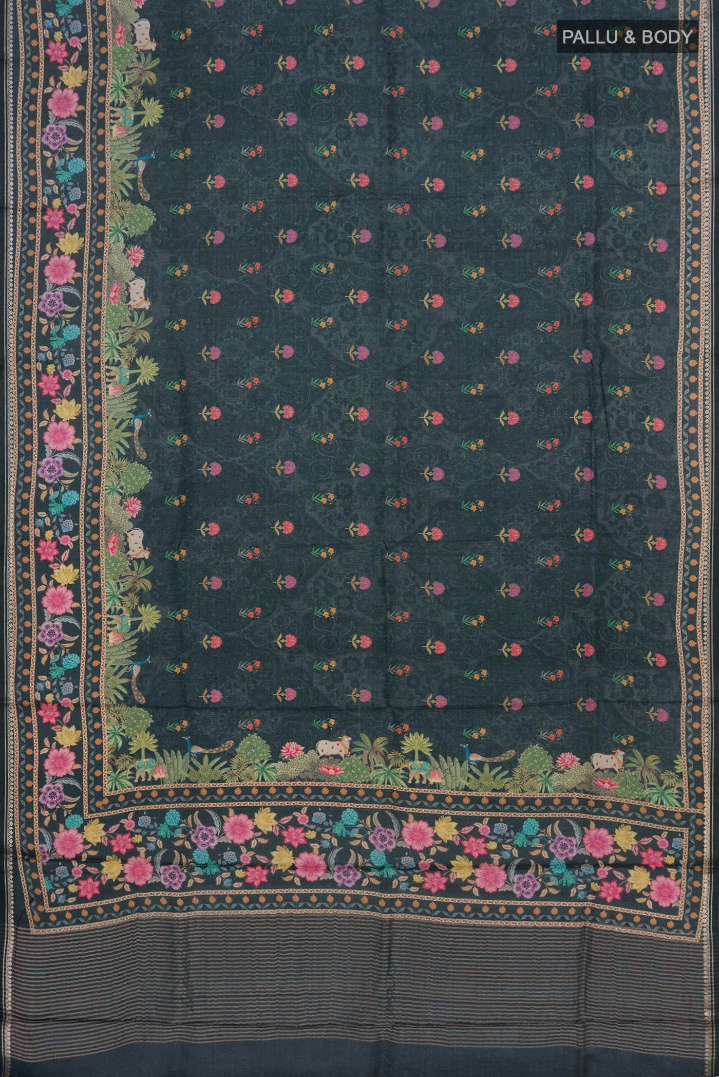 Flat view of Green Tussar Silk Saree with Fancy on the body and Fancy Border. 