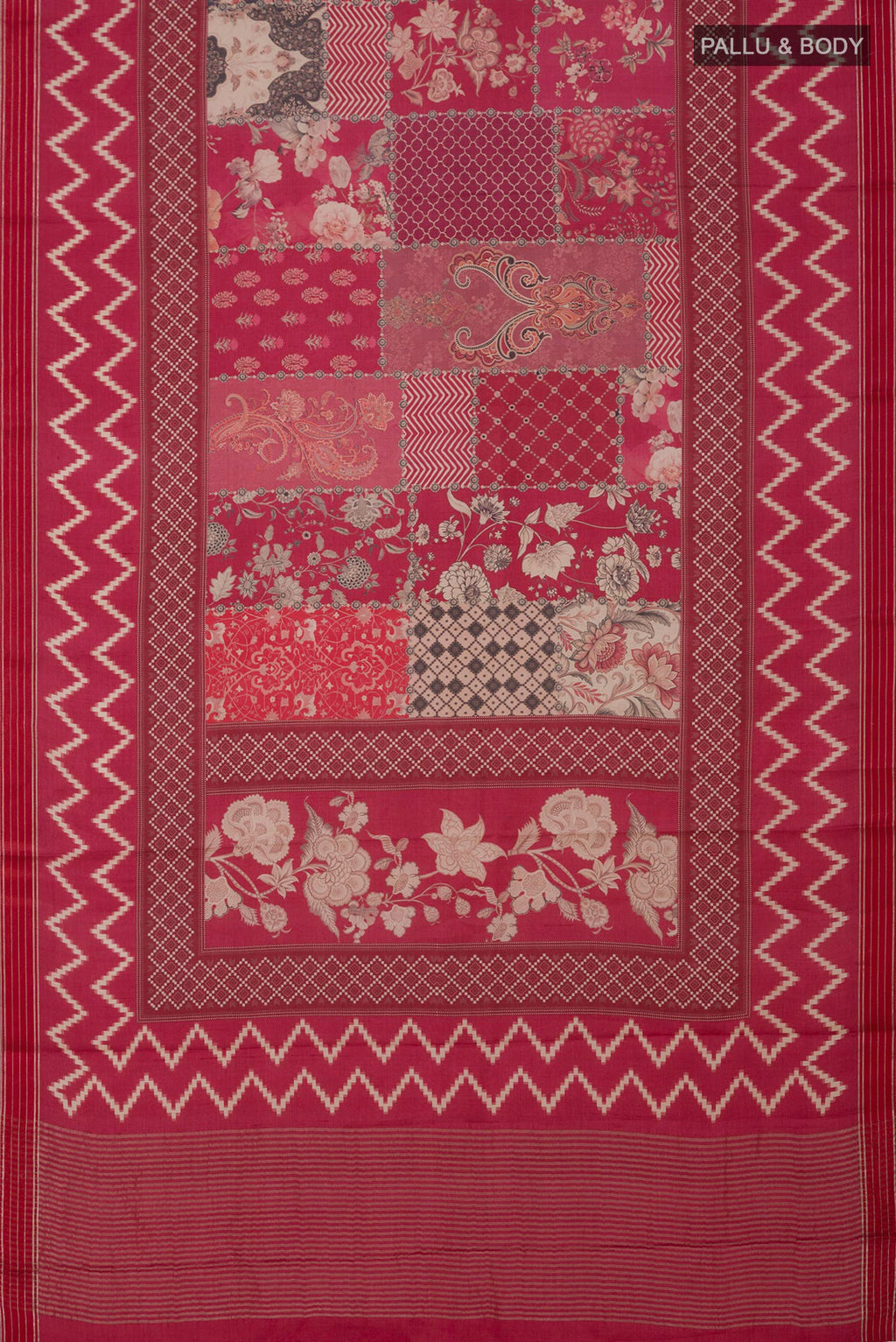 Flat view of Pink Tussar Silk Saree with Printed design on the body and Thin Zari Line. 