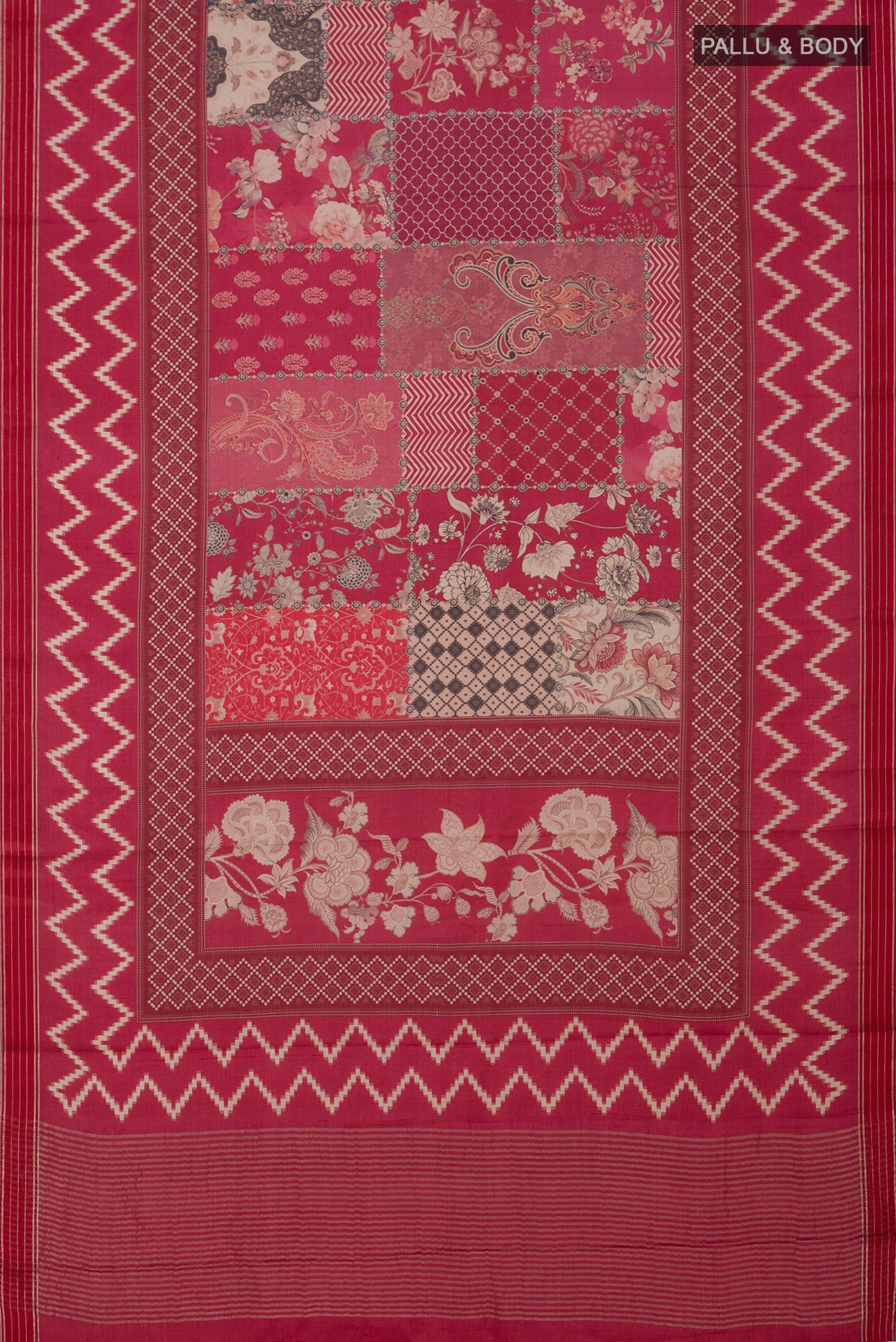 Flat view of Pink Tussar Silk Saree with Printed design on the body and Thin Zari Line. 