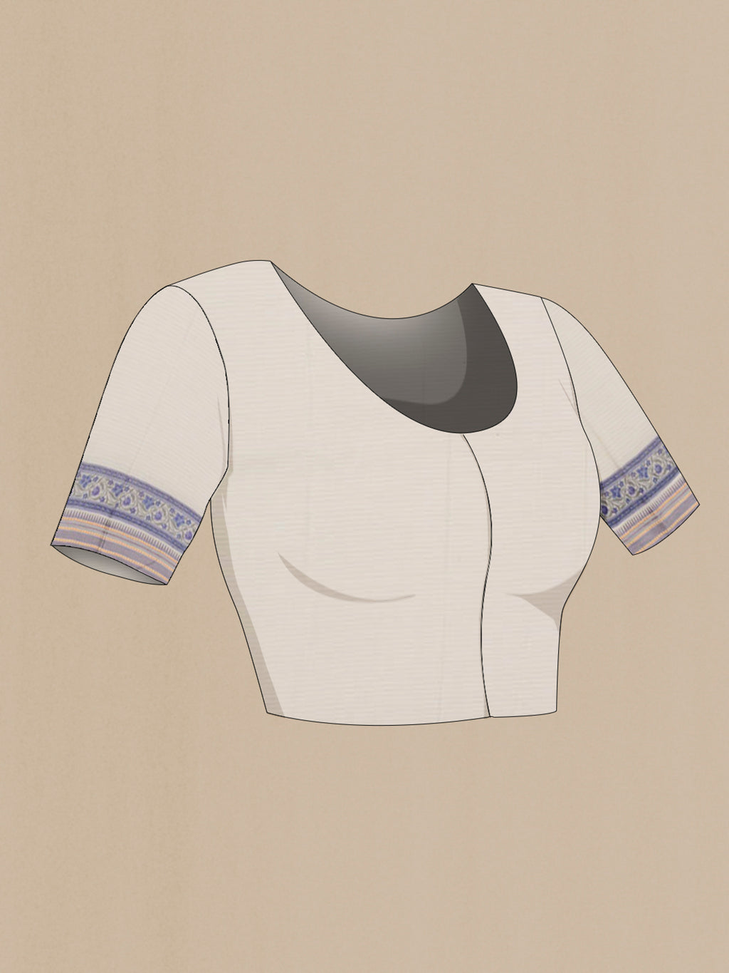 Close up image of the blouse of Grey Printed Cotton Saree with Printed design on the body and Thread Border. 