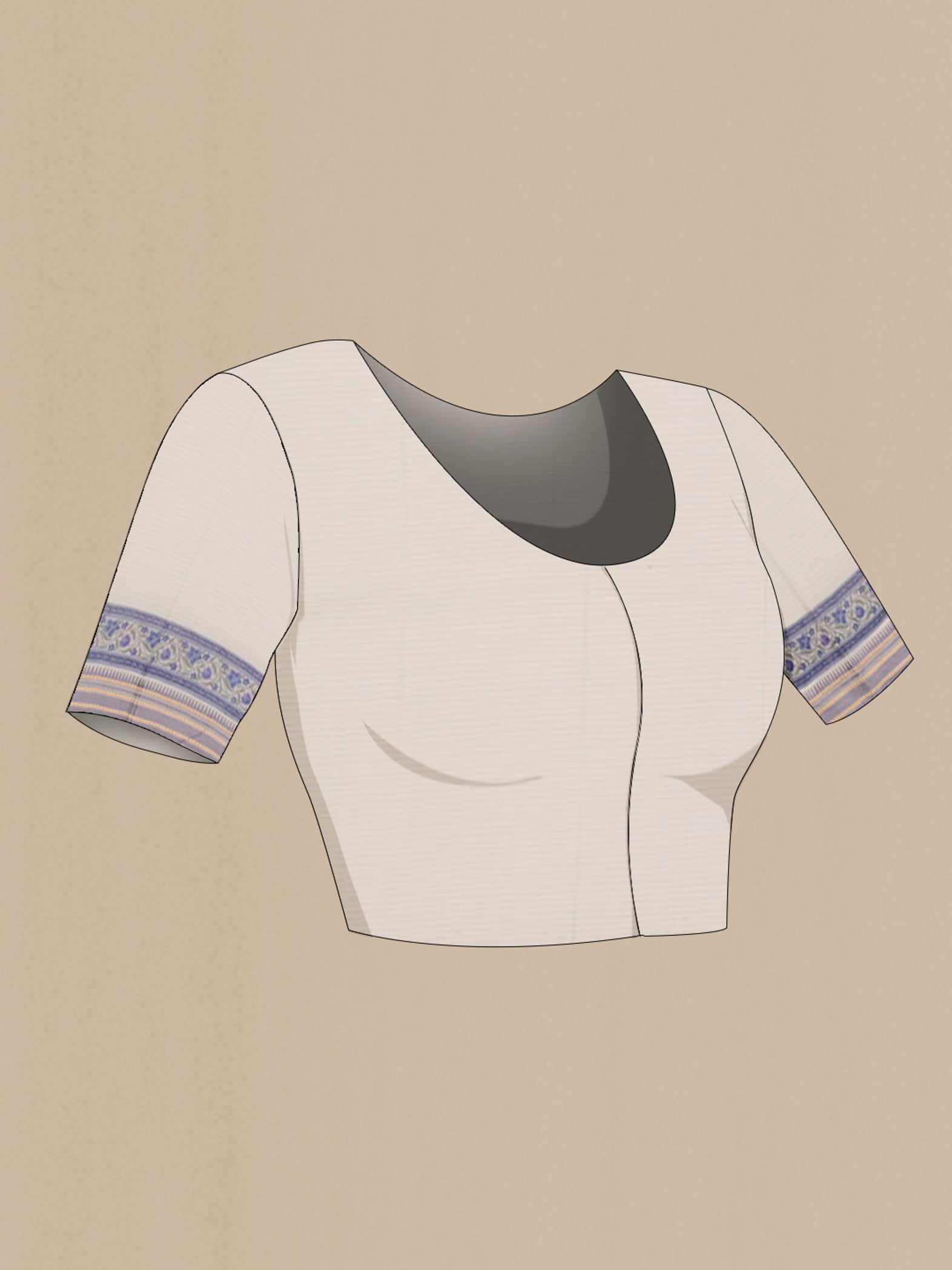 Close up image of the blouse of Grey Printed Cotton Saree with Printed design on the body and Thread Border. 